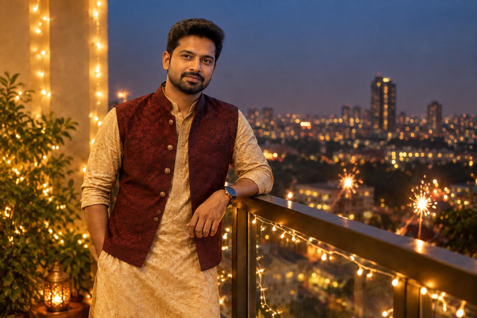 Balcony lights and festive kurta (after)