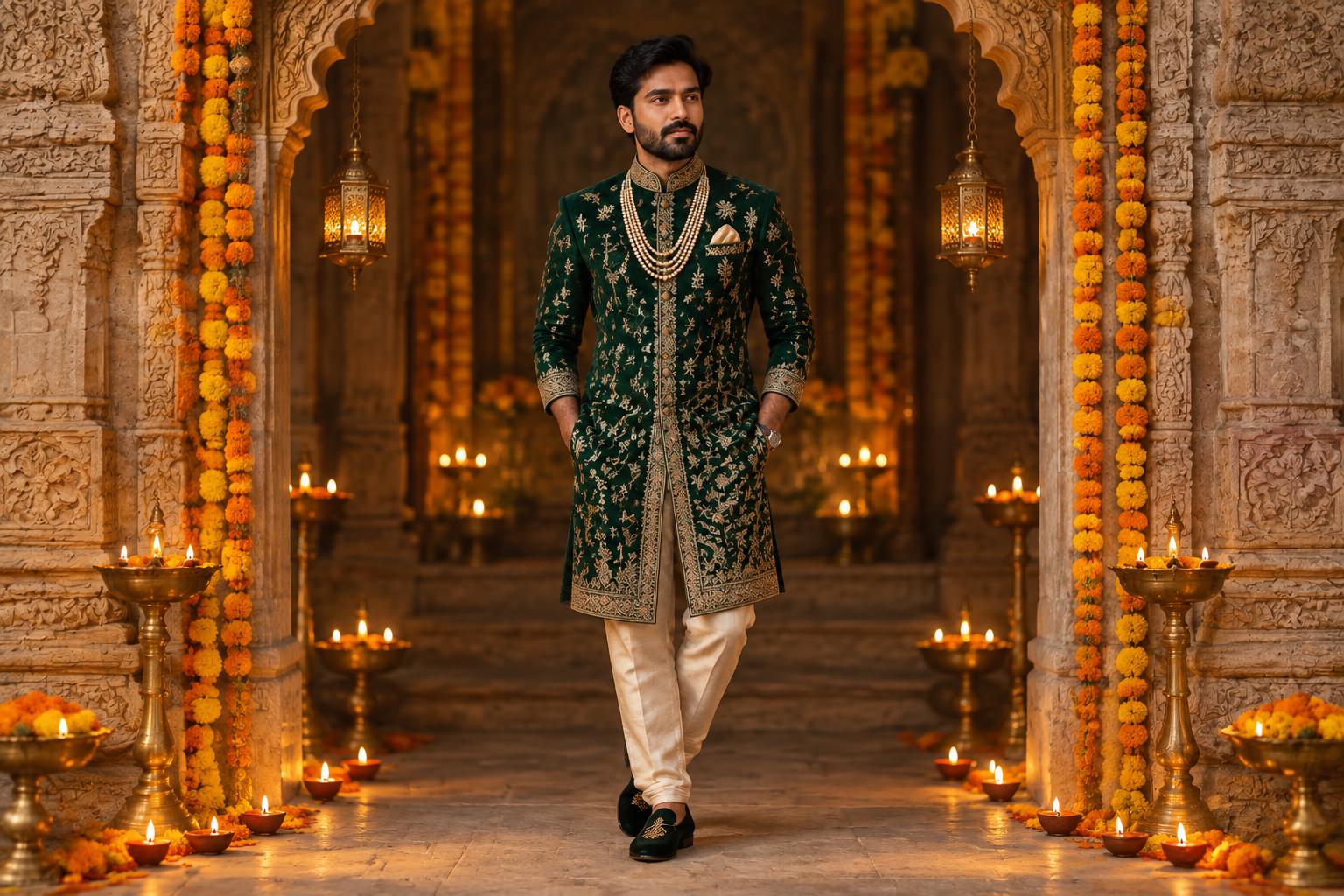 Emerald sherwani by lanterns (after)