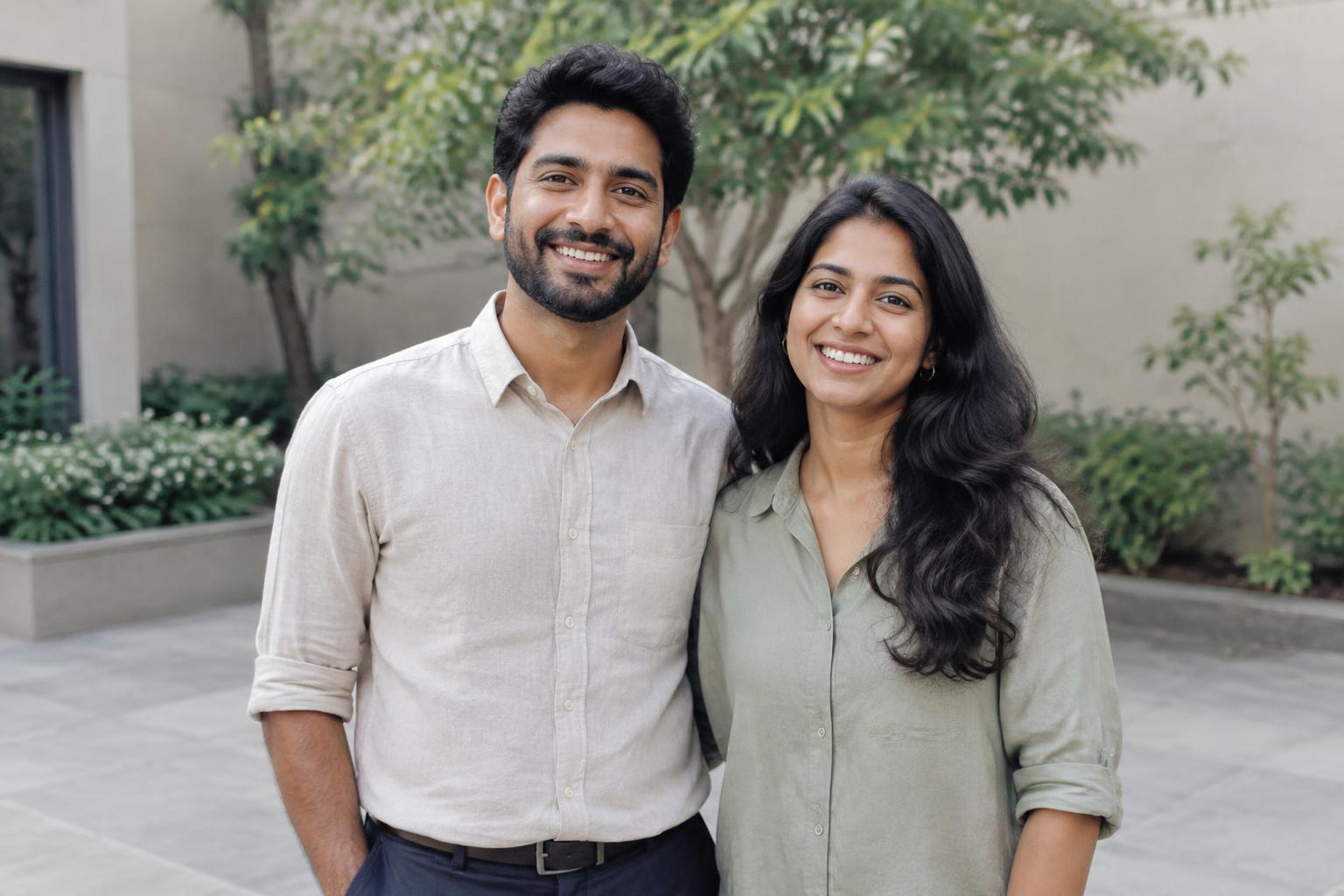 Couple beside a floral rangoli (before)