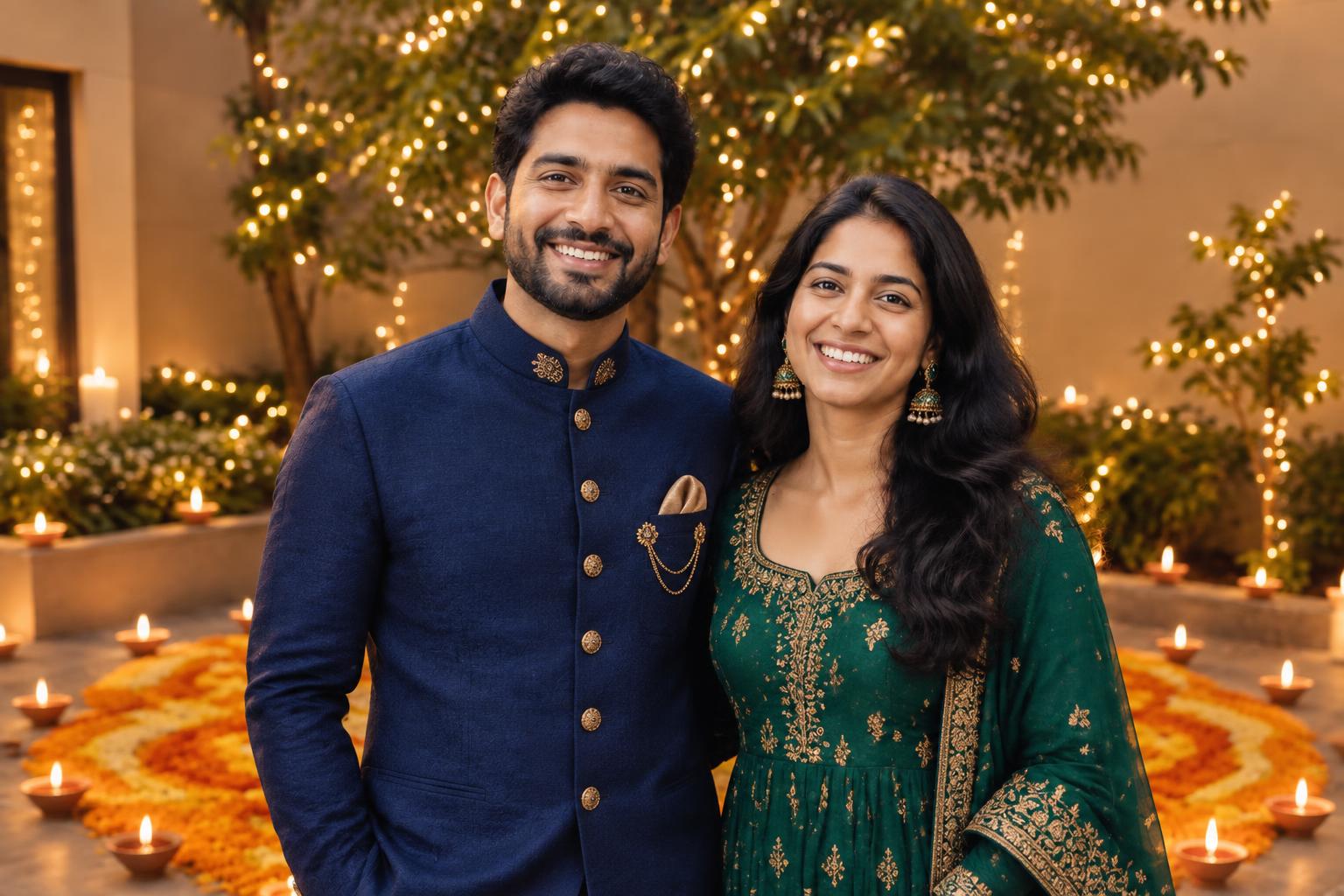 Couple beside a floral rangoli (after)