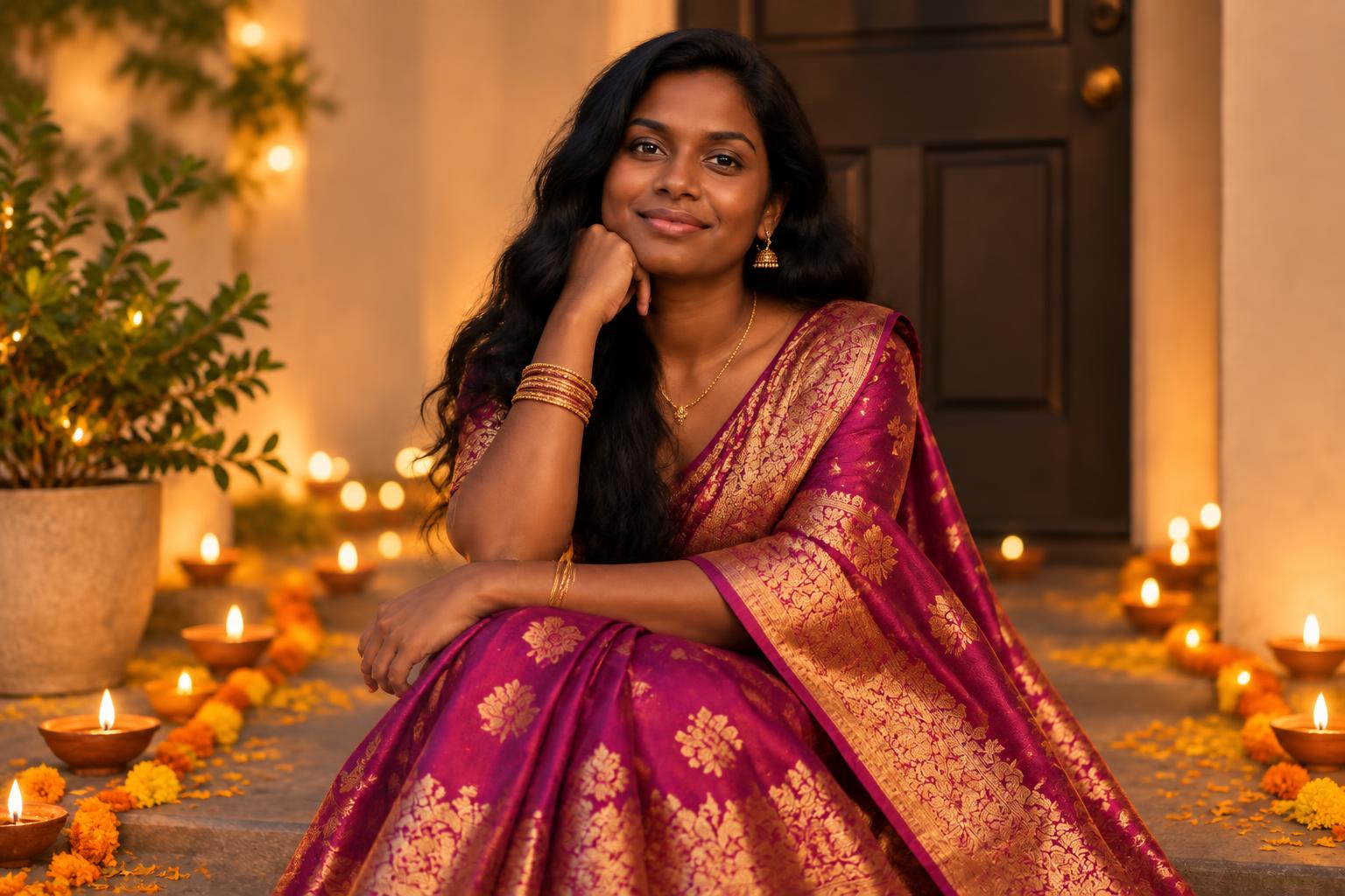 Magenta saree in diya light (after)
