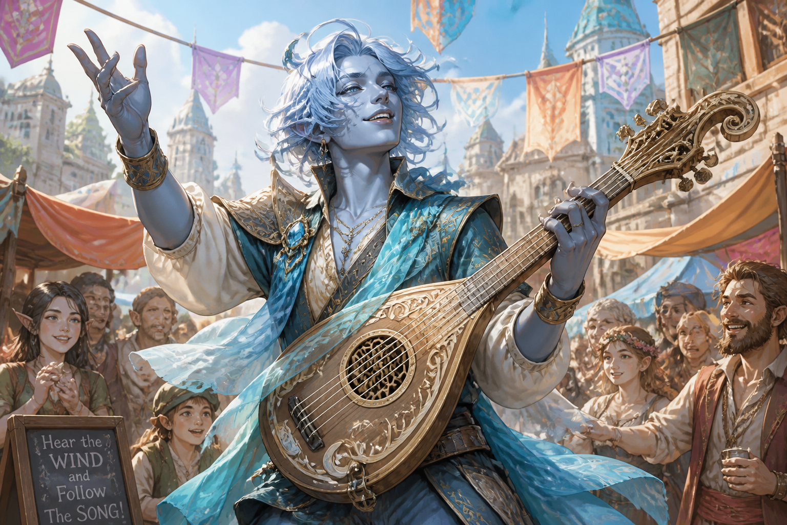 Air genasi bard in the market