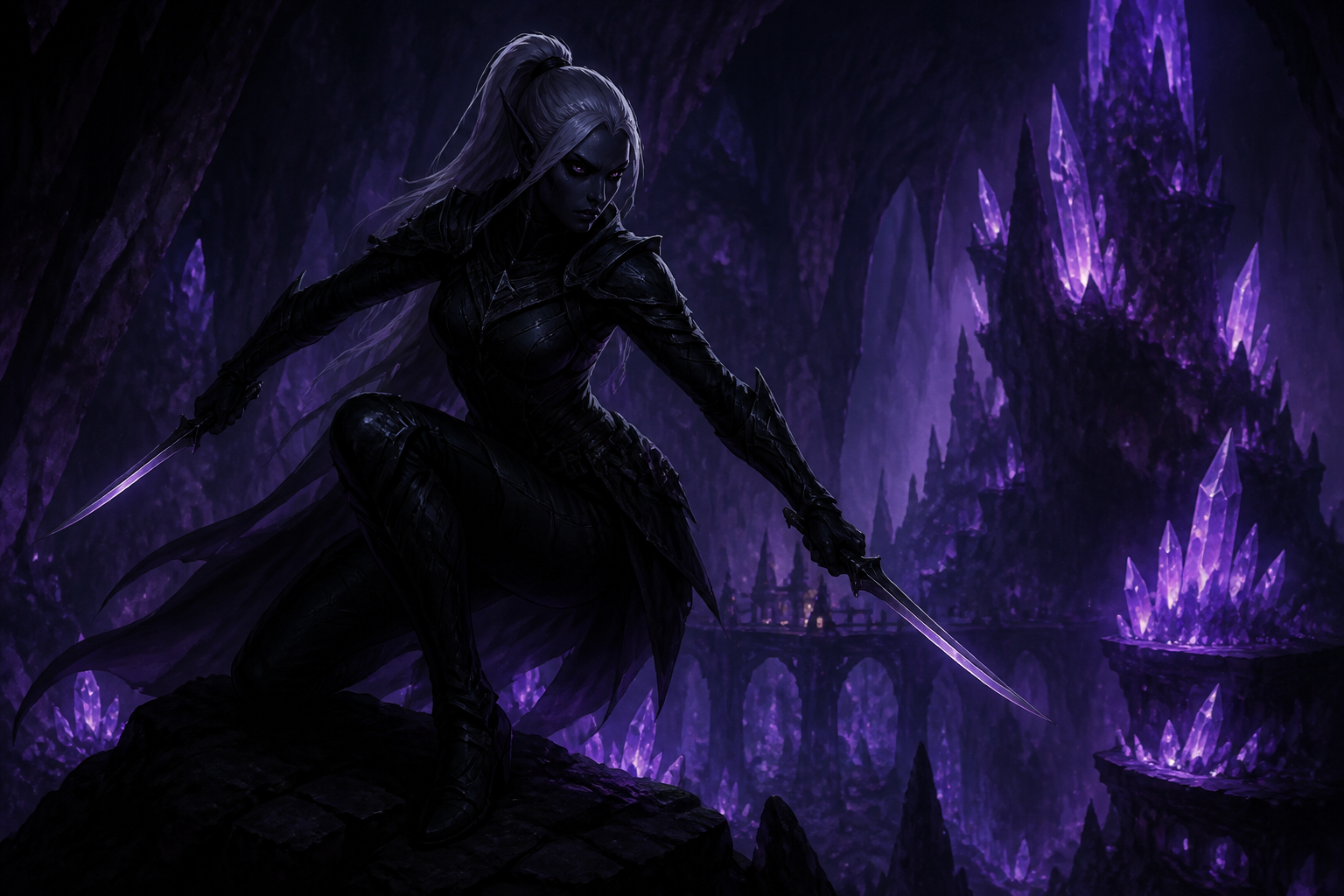 Drow assassin in crystal caverns