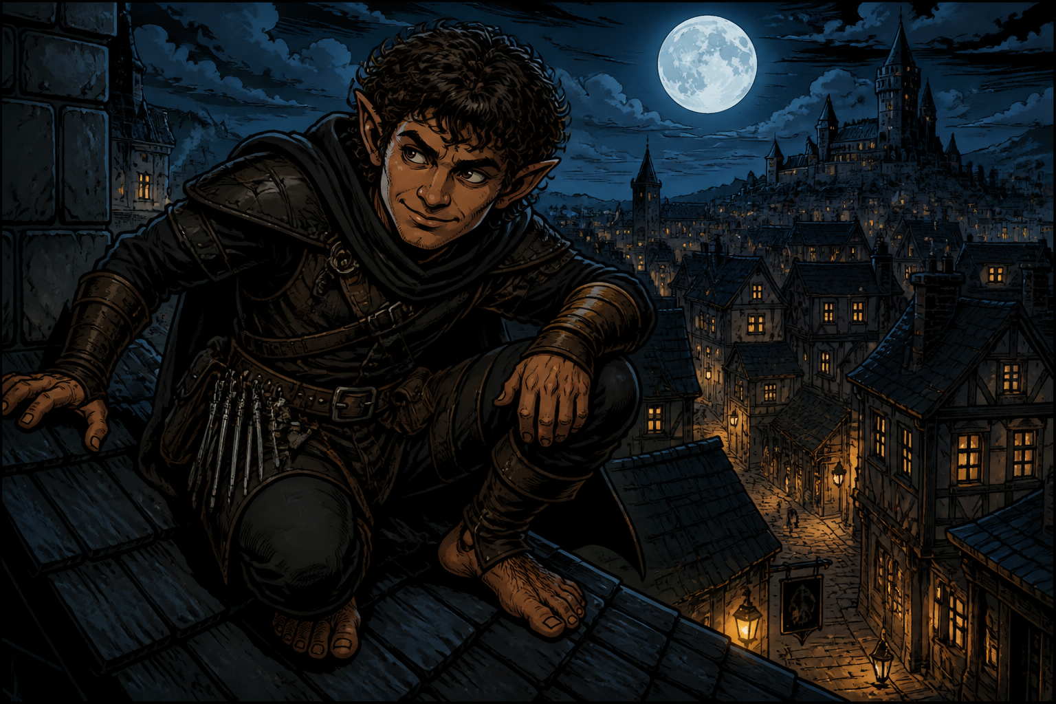 Halfling rogue on moonlit rooftops