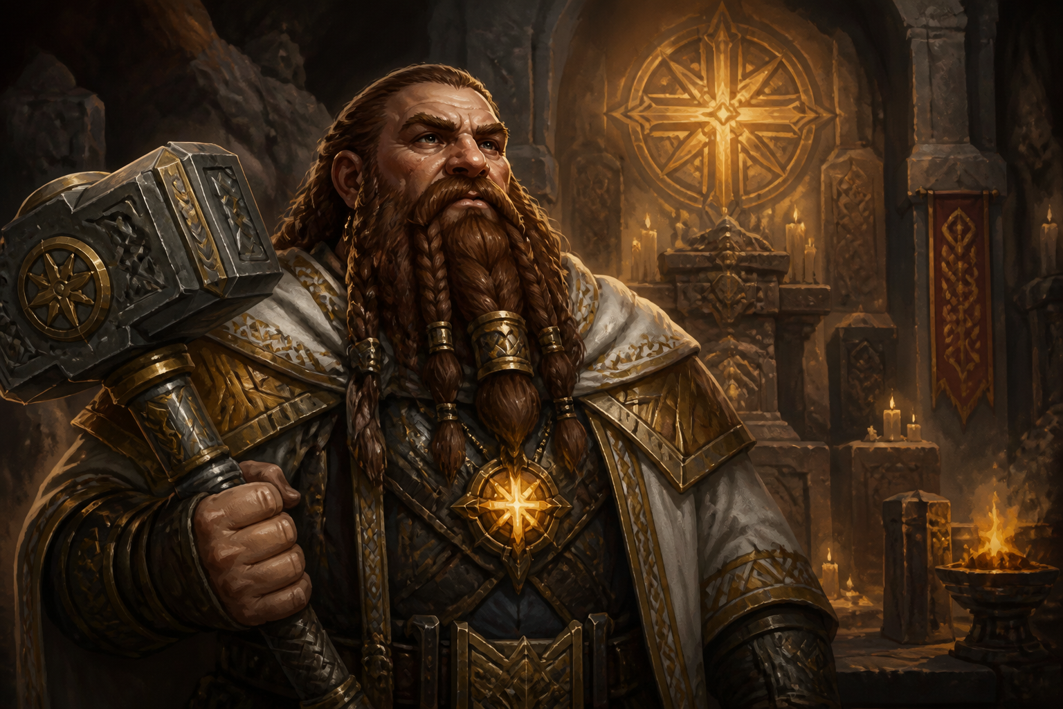 Dwarf cleric in a mountain shrine