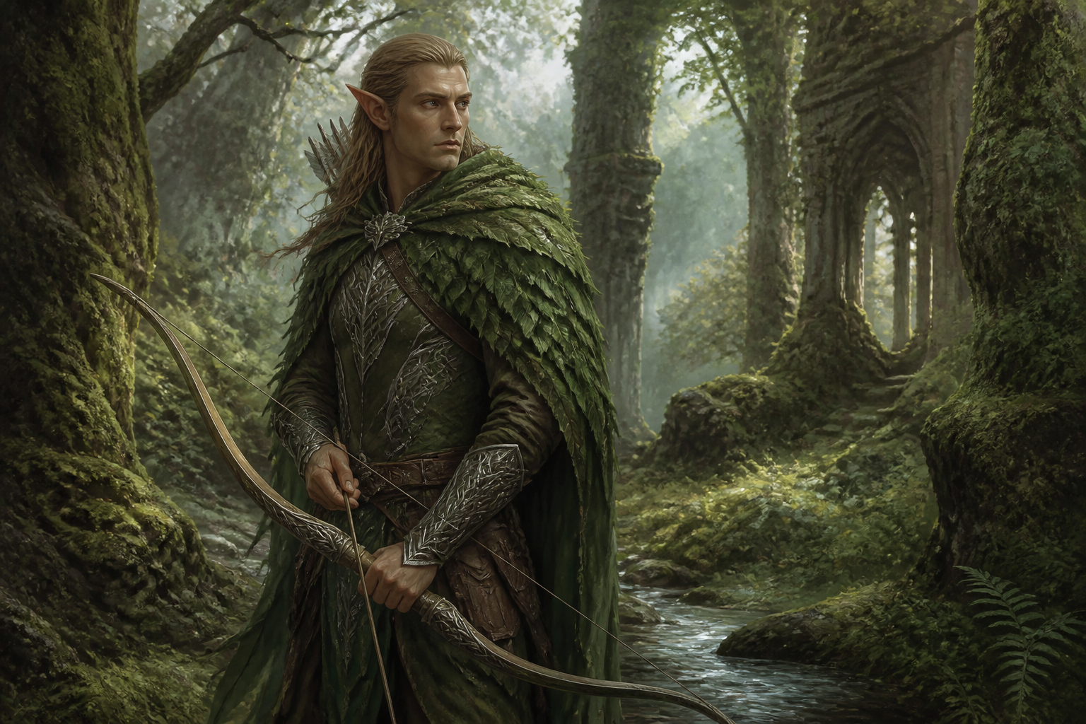 Wood elf ranger in misty woods
