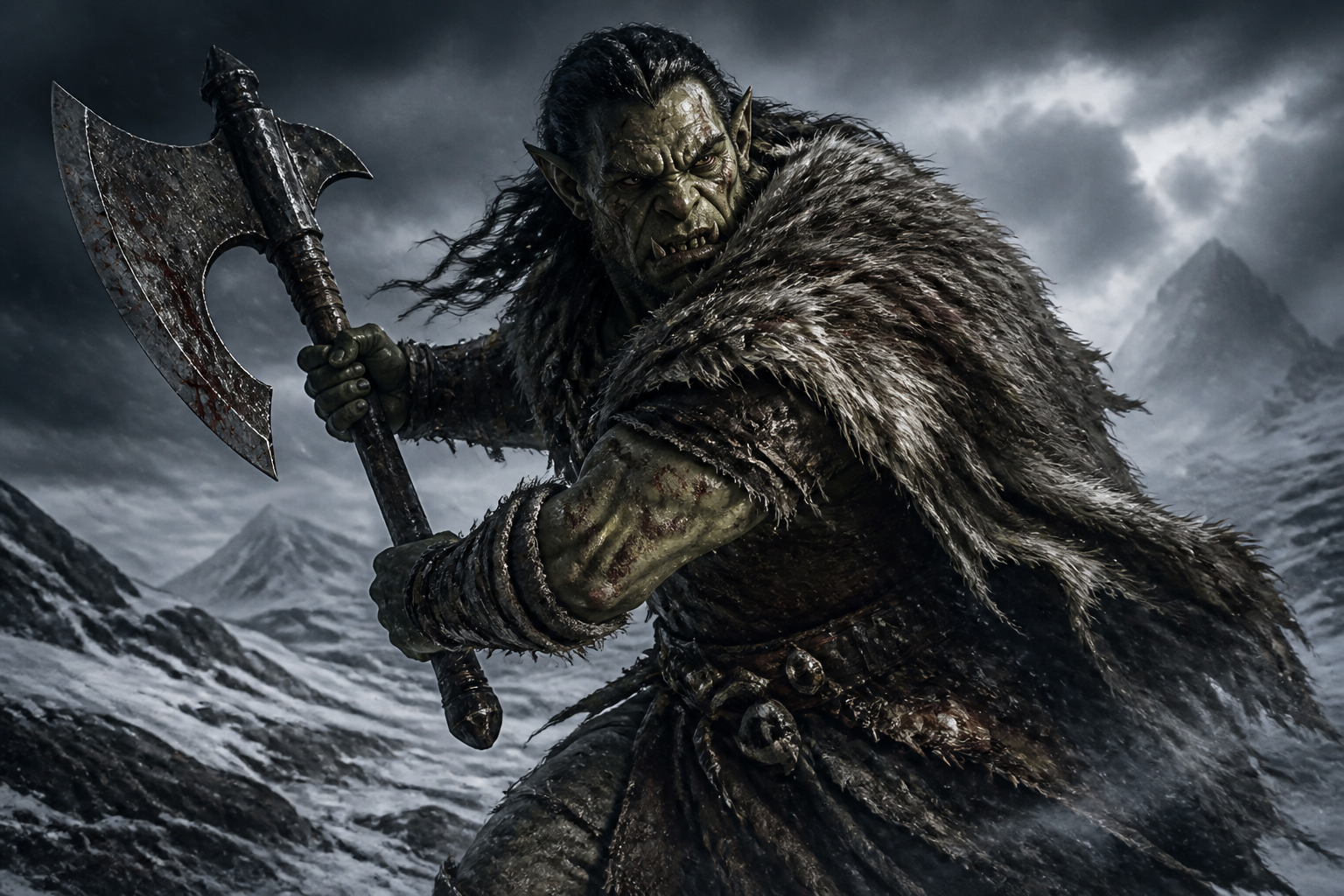 Half-orc barbarian in the tundra