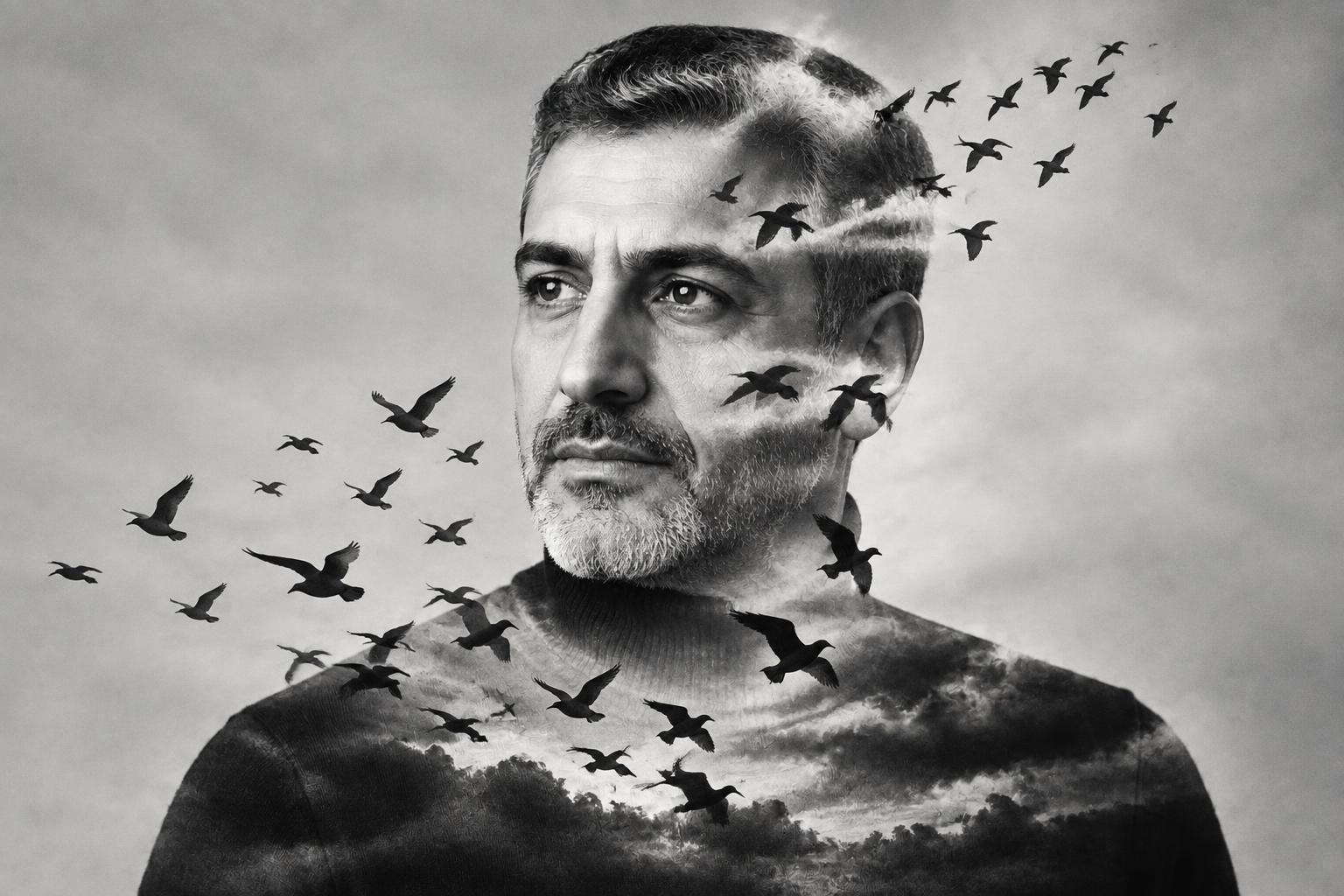 Birds across a monochrome face (after)