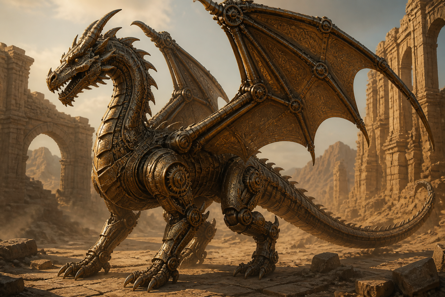 Mechanical dragon in desert ruins