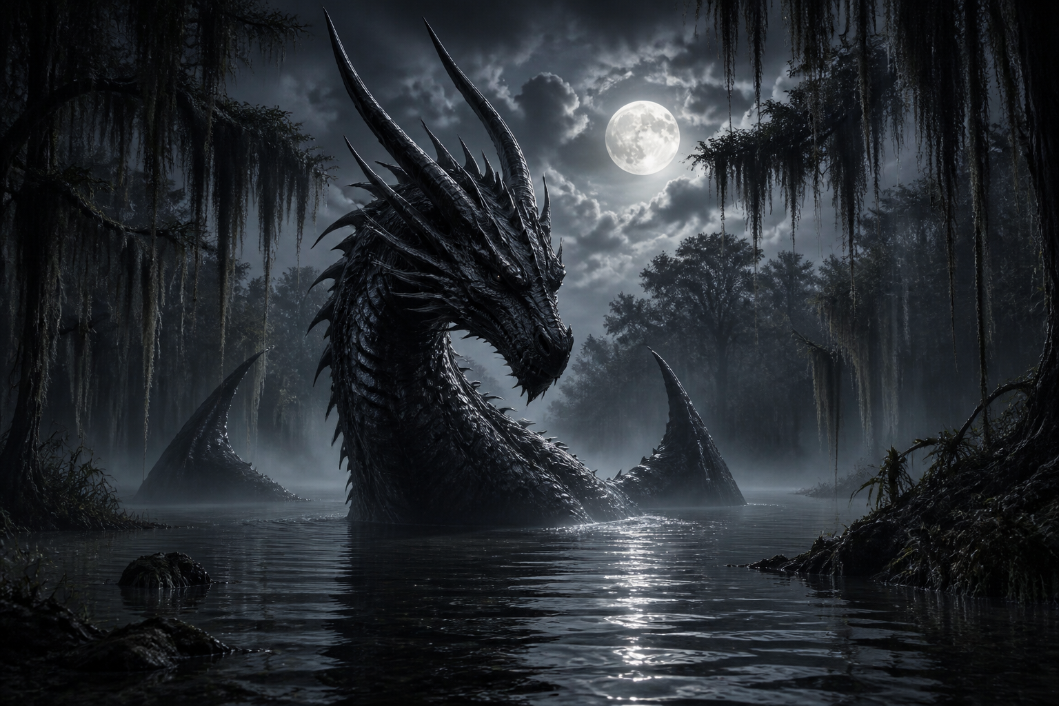 Black dragon in moonlit swamp