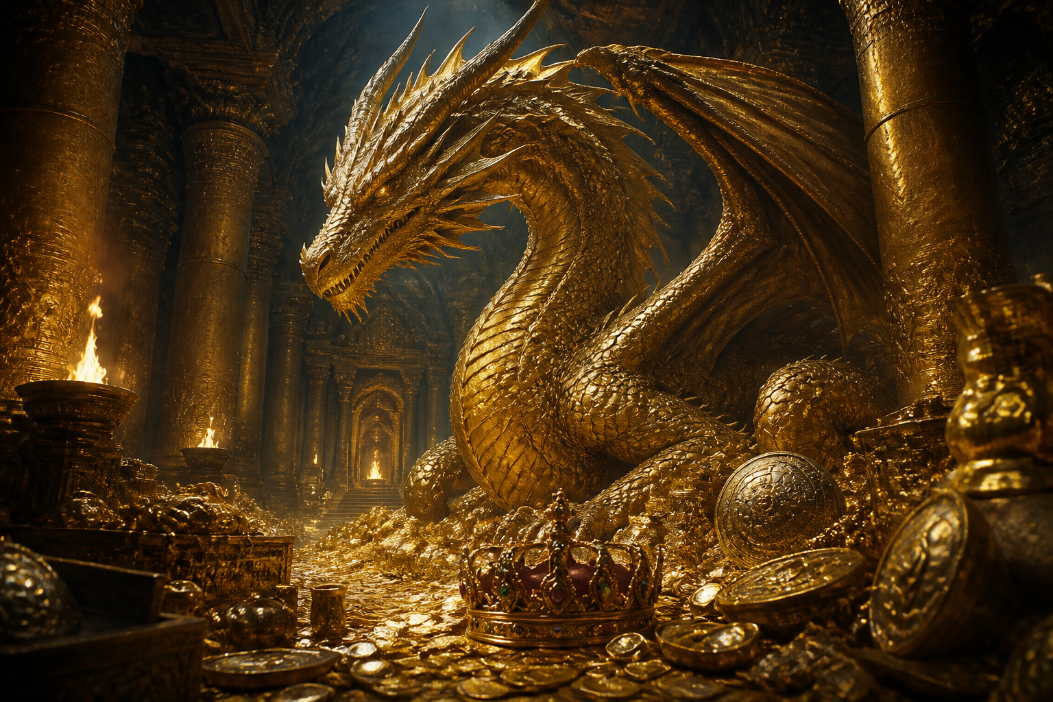 Gold dragon in treasure hall
