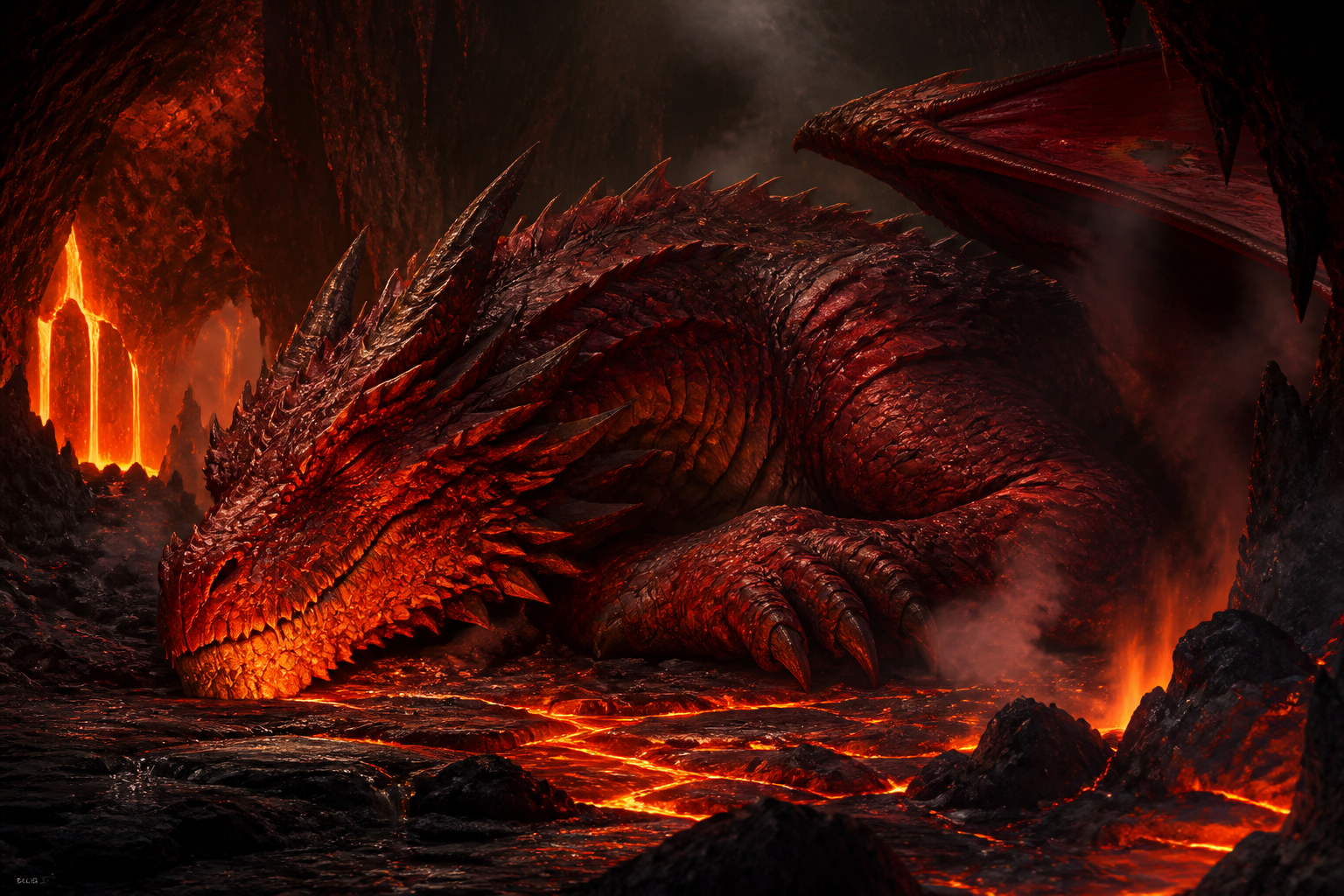 Red dragon in lava cave