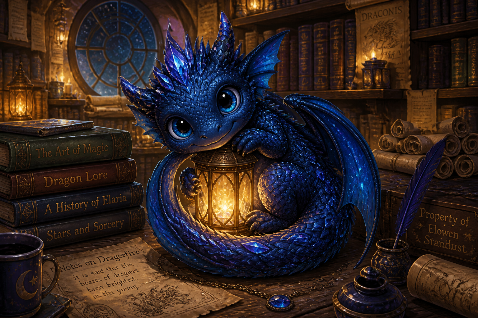 Baby dragon in wizard library