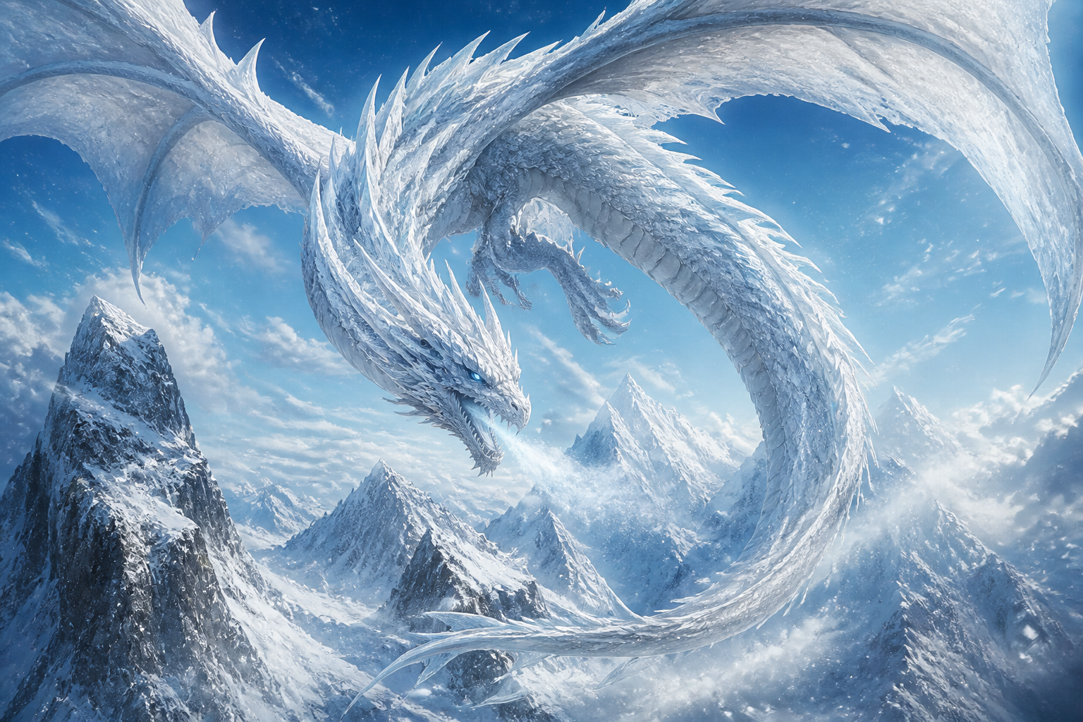 Frost dragon over mountain peaks
