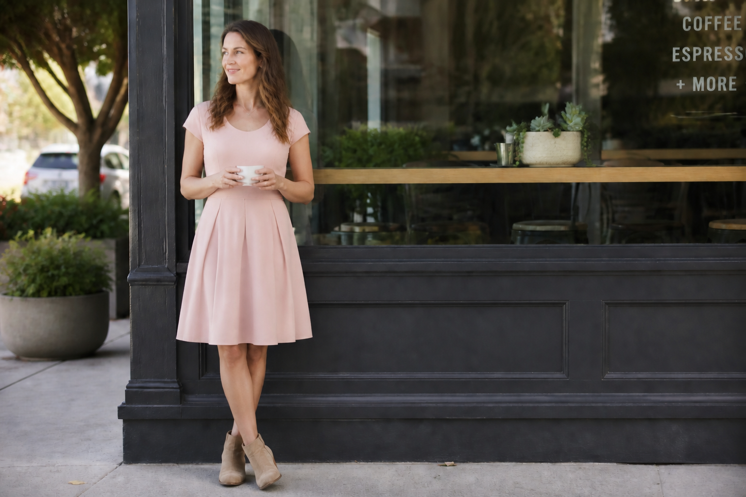 Pink fit-and-flare dress (after)