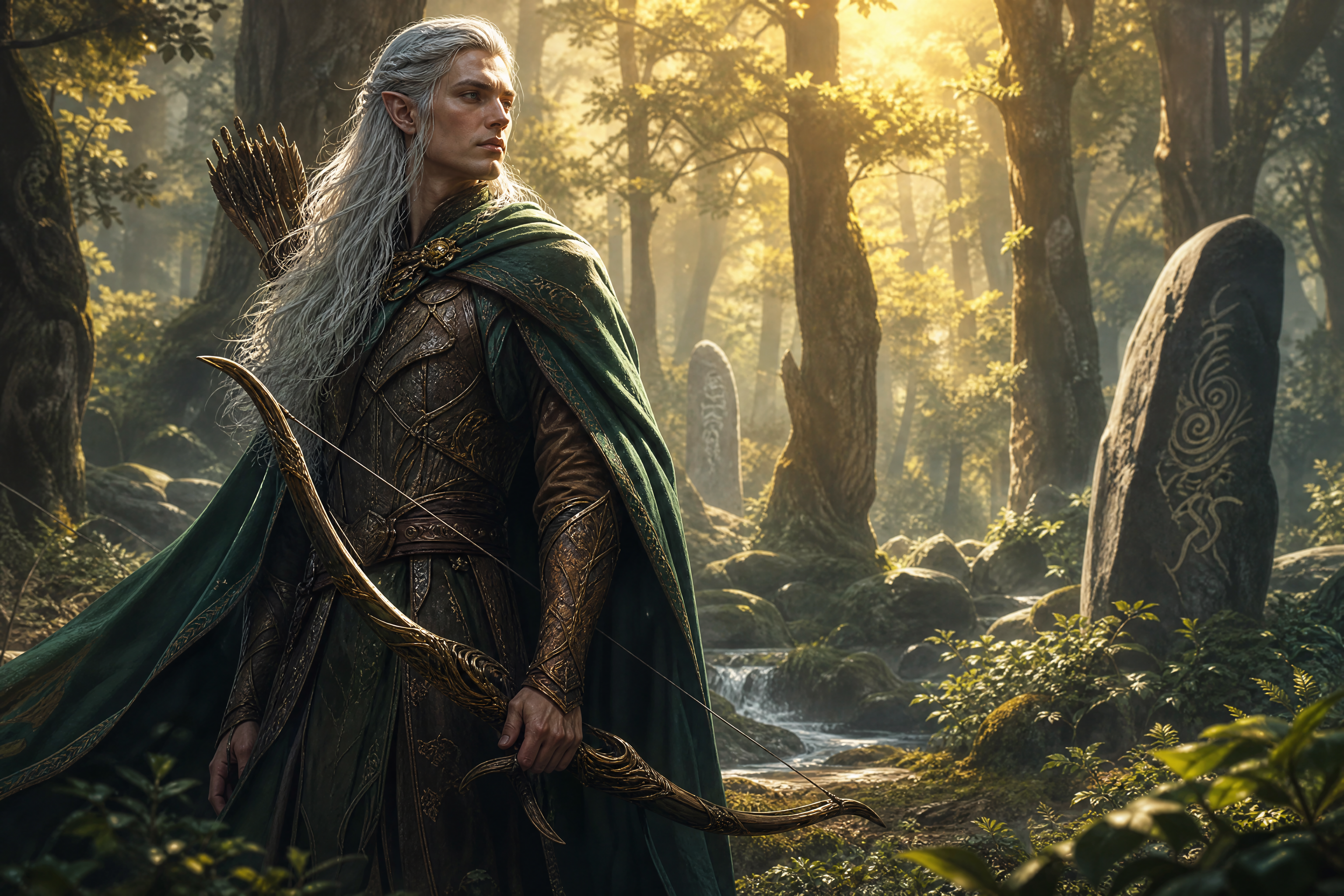 High elf ranger in golden forest