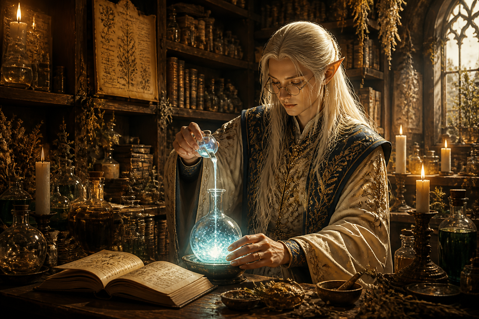 Elf alchemist in workshop