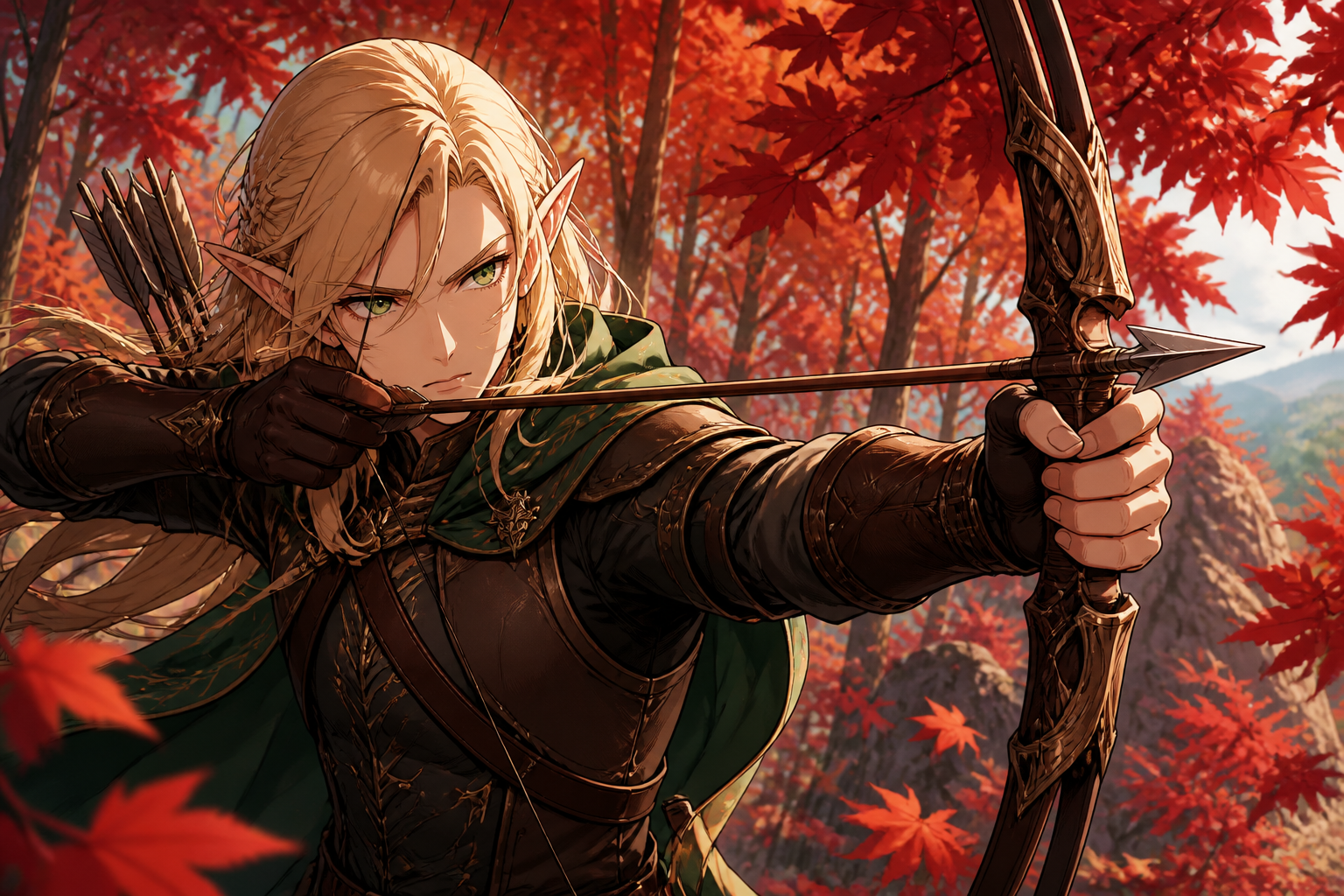 Anime elf archer in autumn