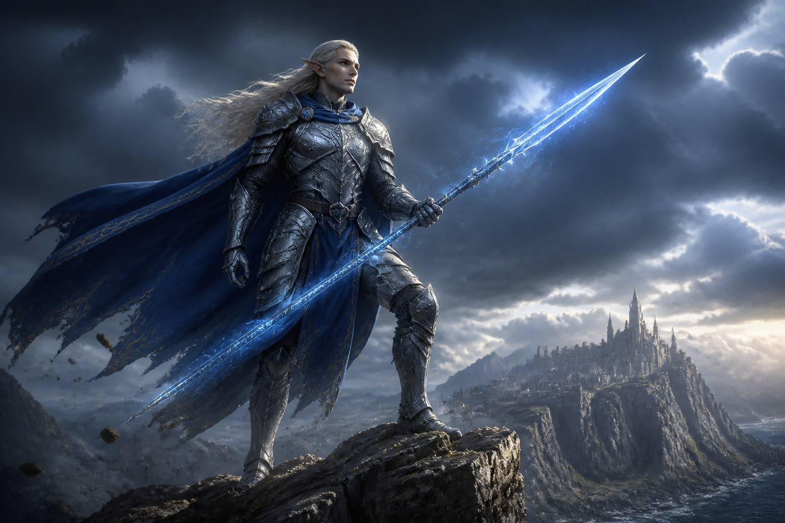 Elf knight on stormy cliff