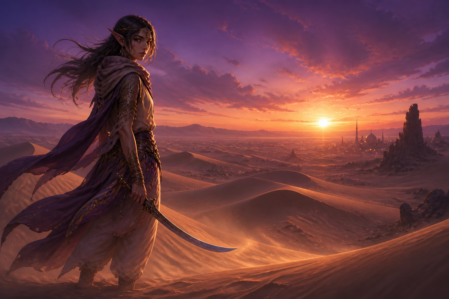 Desert elf traveler at twilight