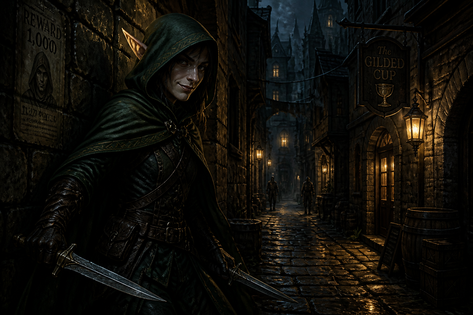 Rogue elf in night alley