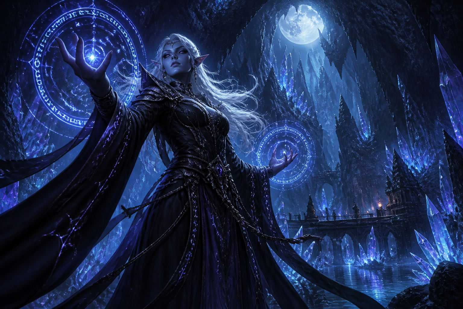 Dark elf mage in crystal cavern