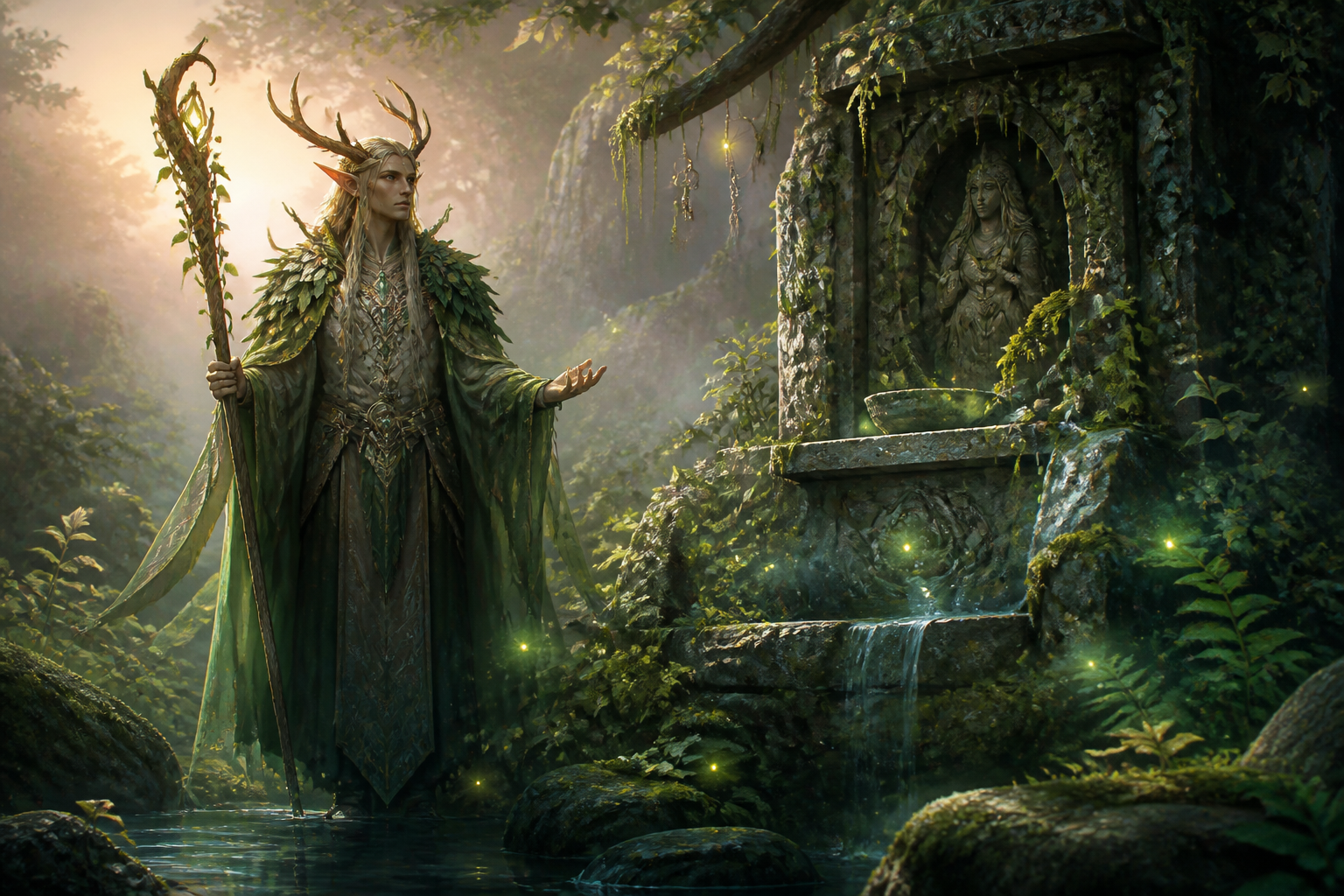 Wood elf druid at shrine