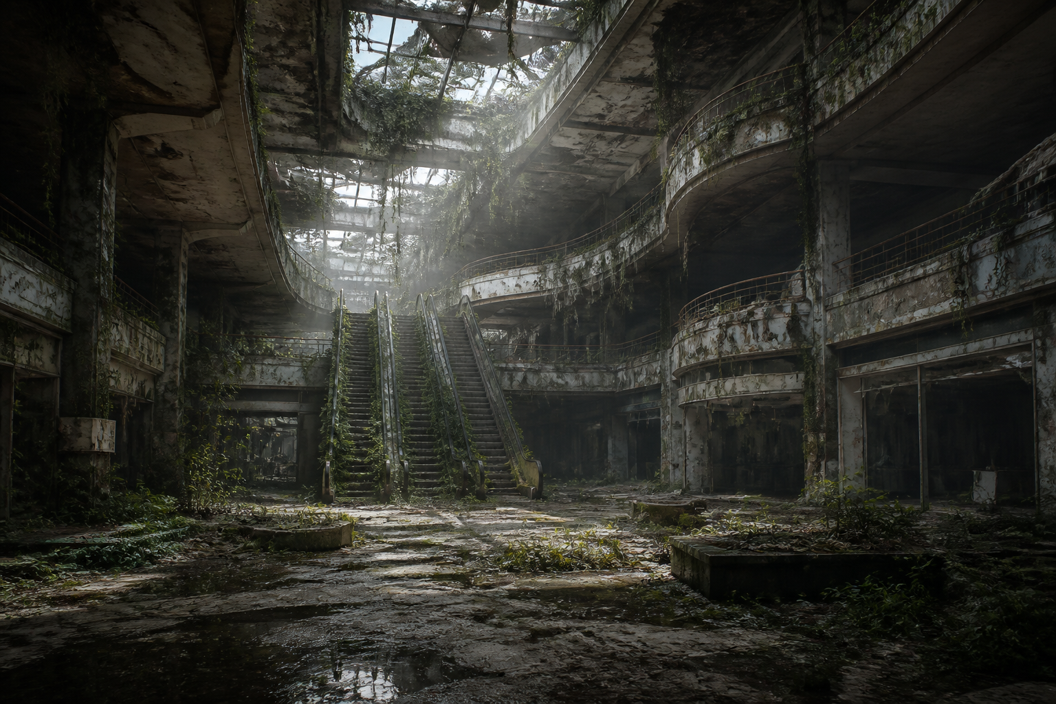 Overgrown abandoned mall