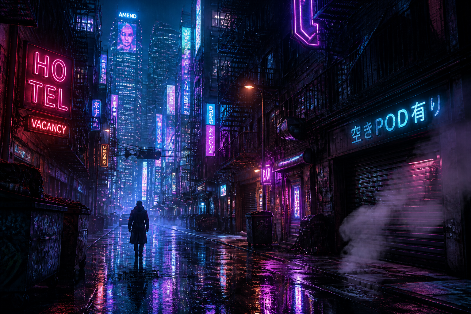 Rainy cyberpunk alley