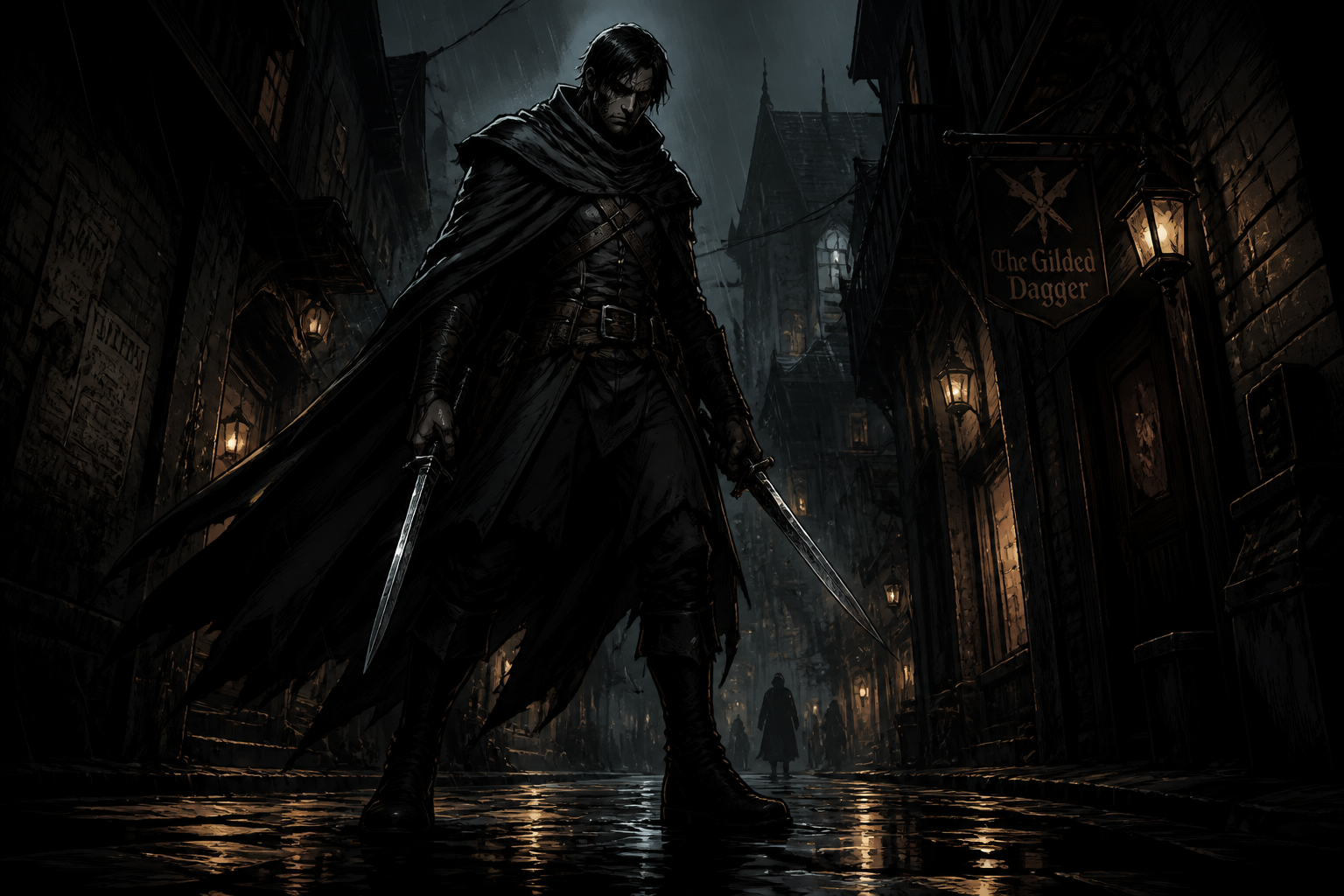 Shadow assassin in rainy alley