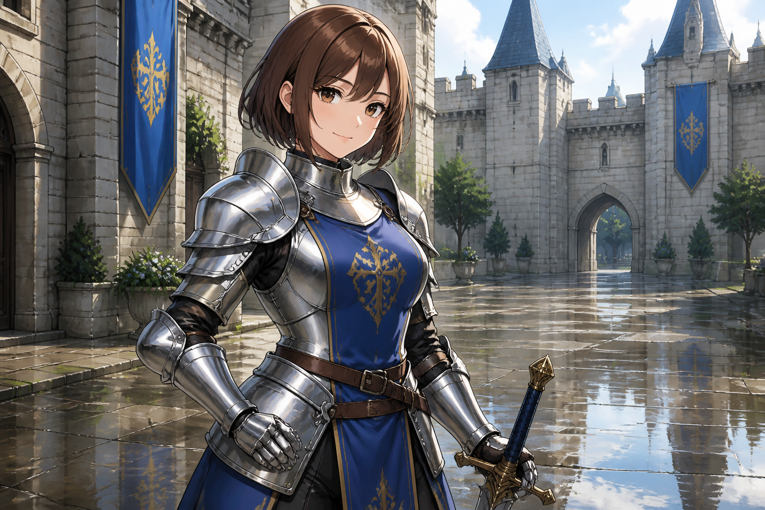 Anime knight in courtyard