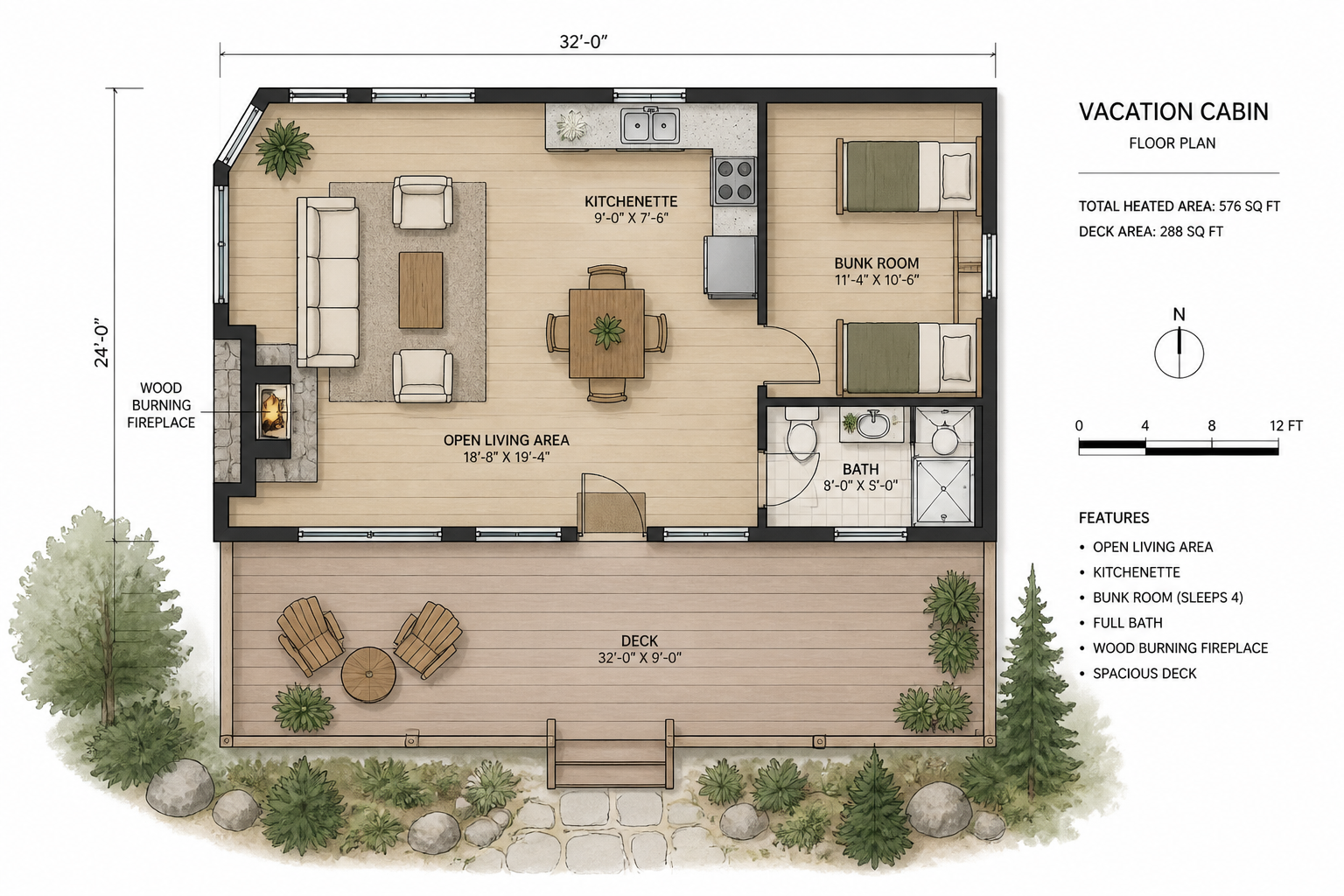 Cabin plan to furnished render (before)