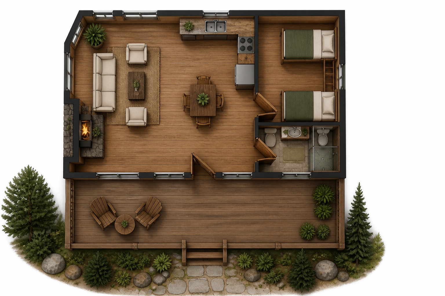 Cabin plan to furnished render (after)