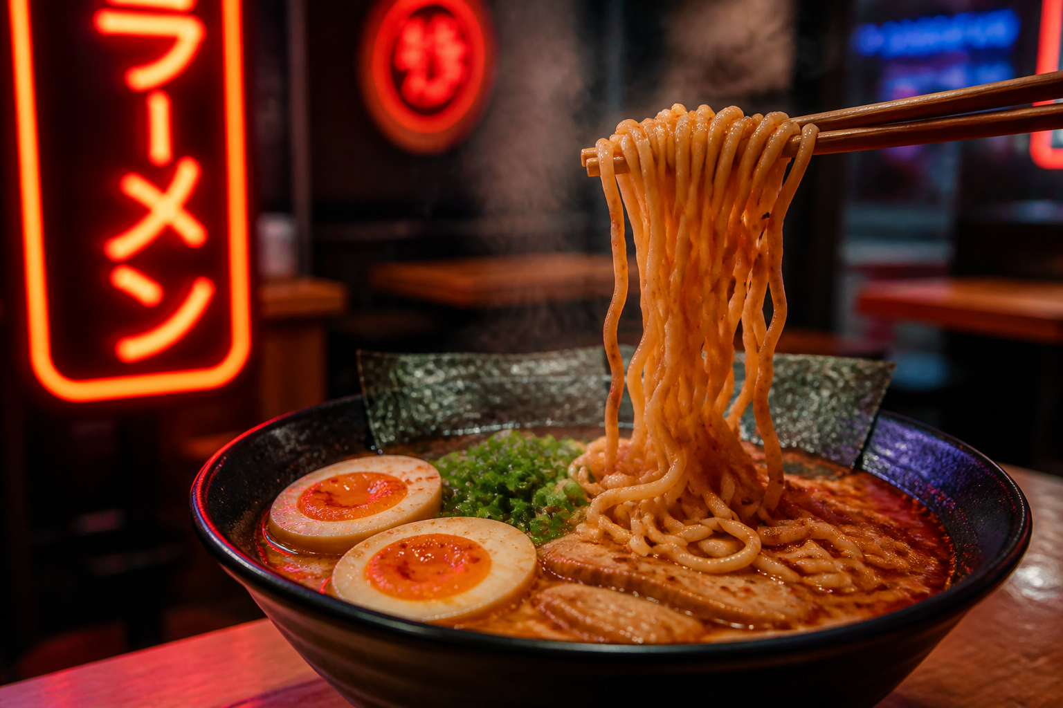 Cinematic spicy ramen bowl