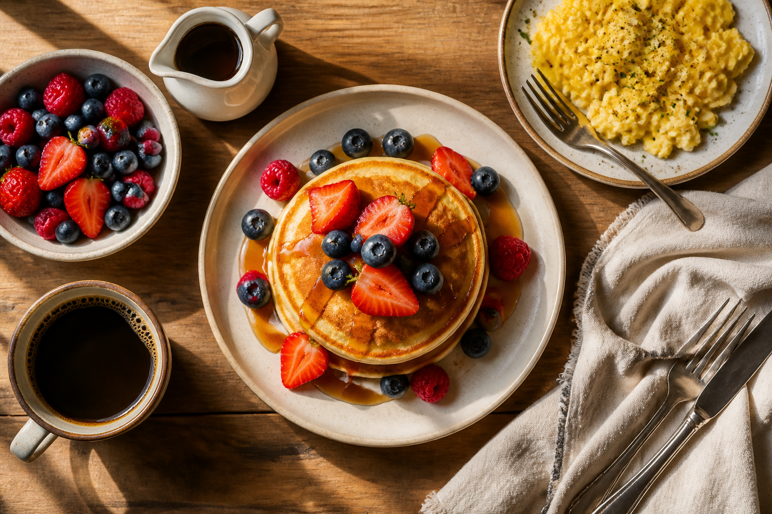 Overhead breakfast spread