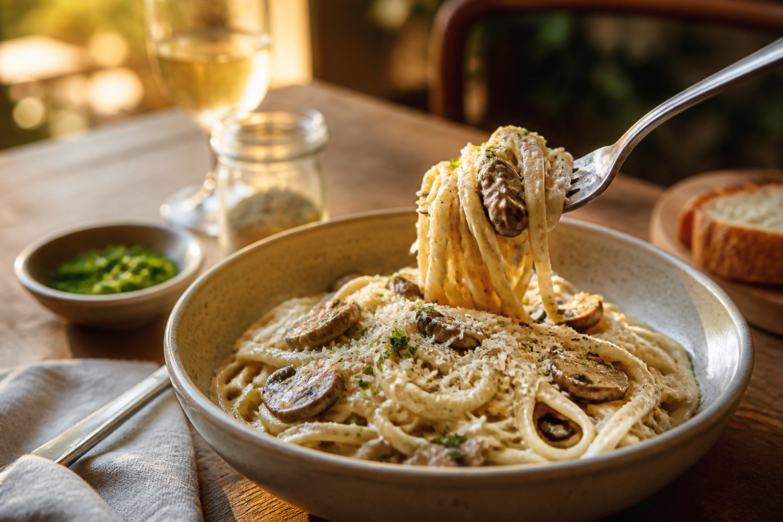 Creamy pasta at golden hour