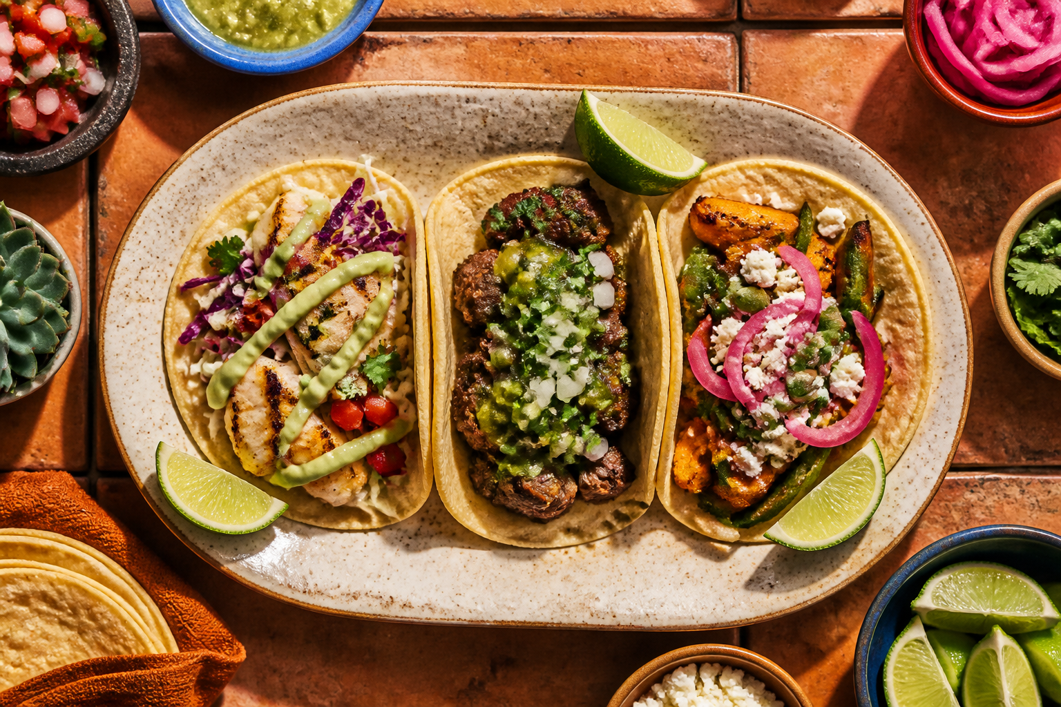 Colorful taco trio