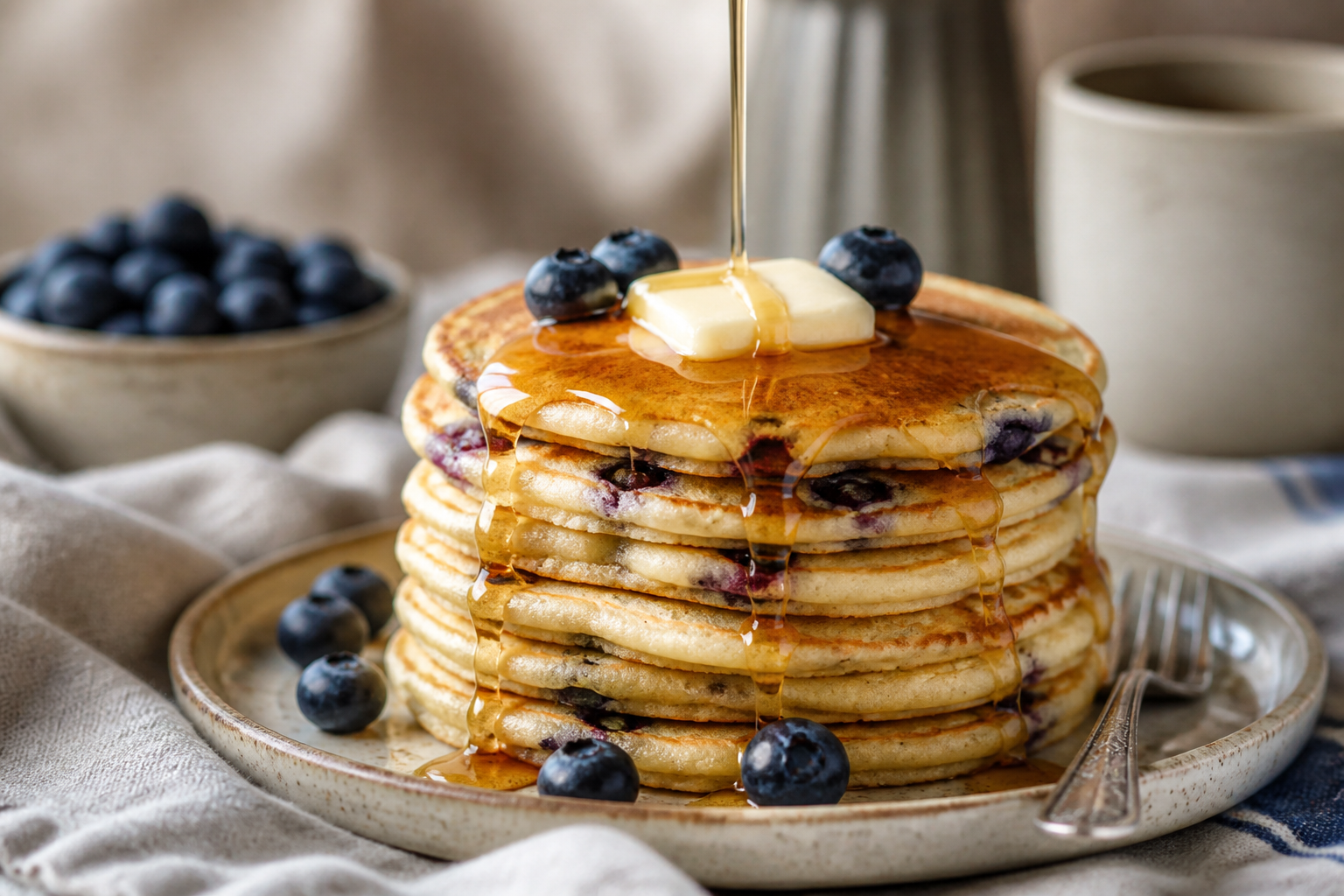 Blueberry pancakes with syrup