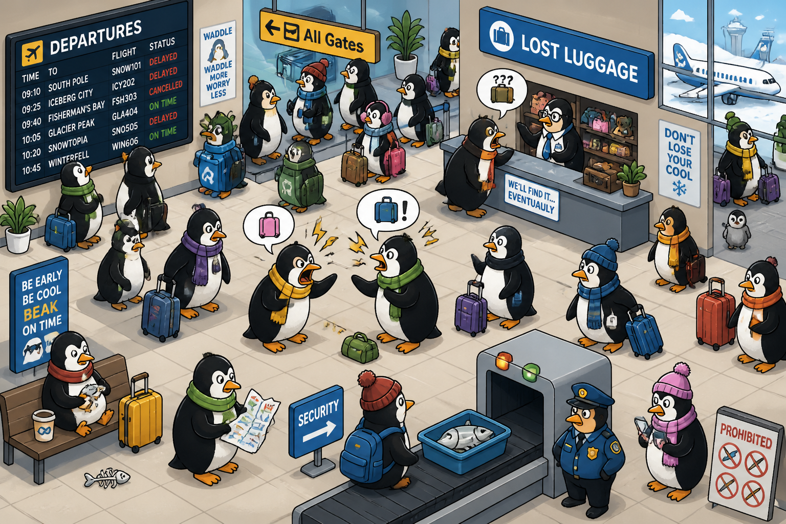 Penguins at baggage claim