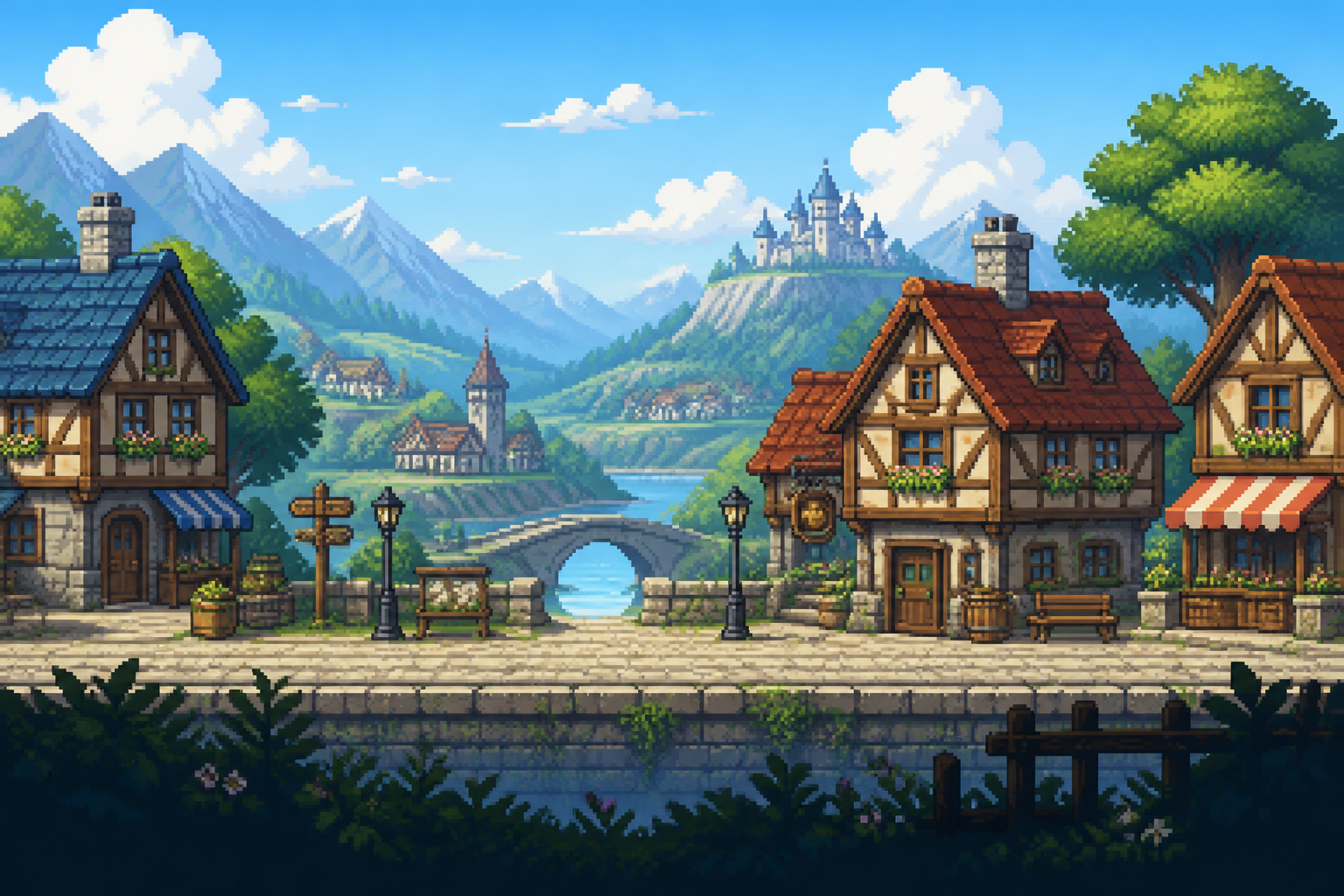 Pixel village side-scroller scene