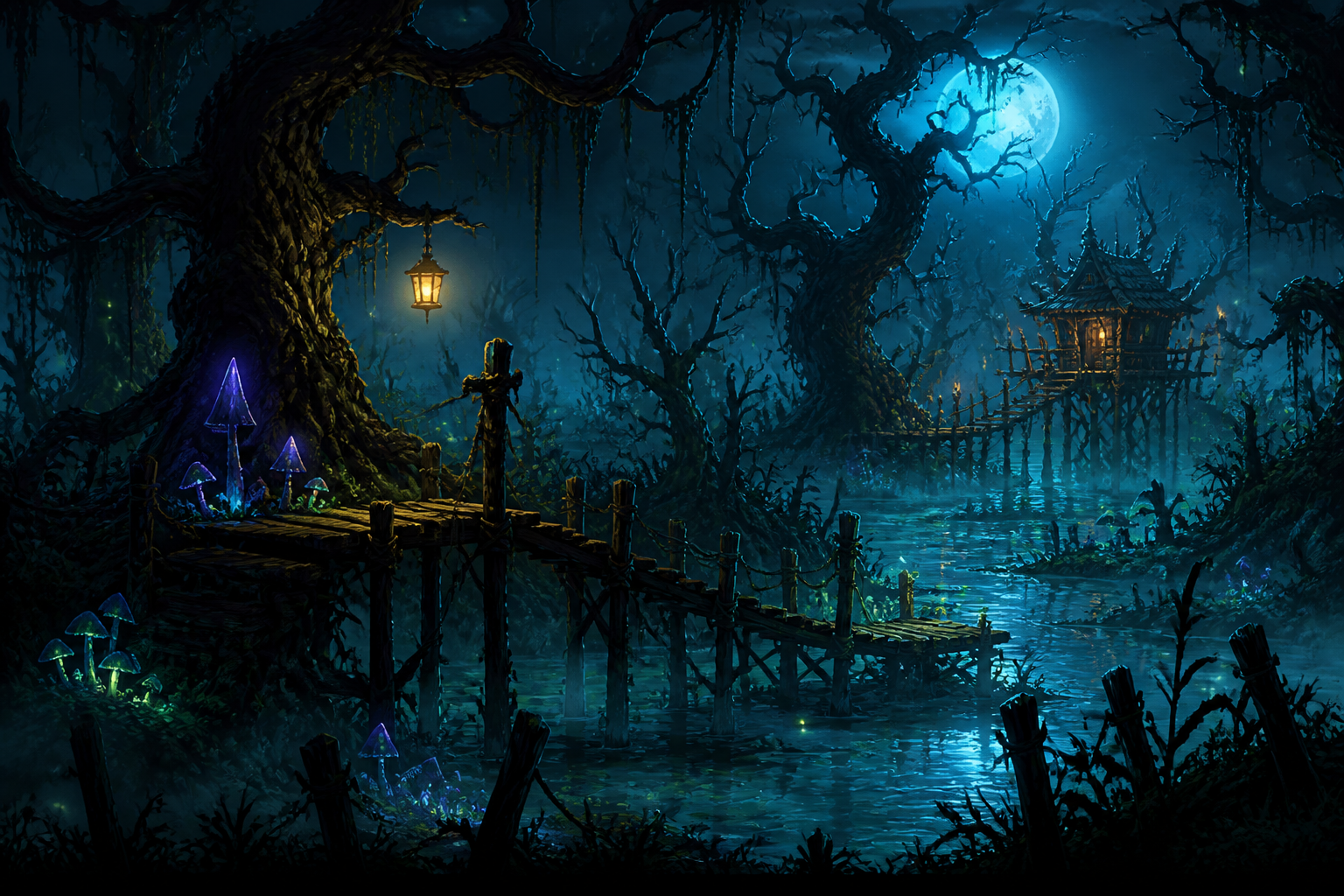 Enchanted swamp night scene