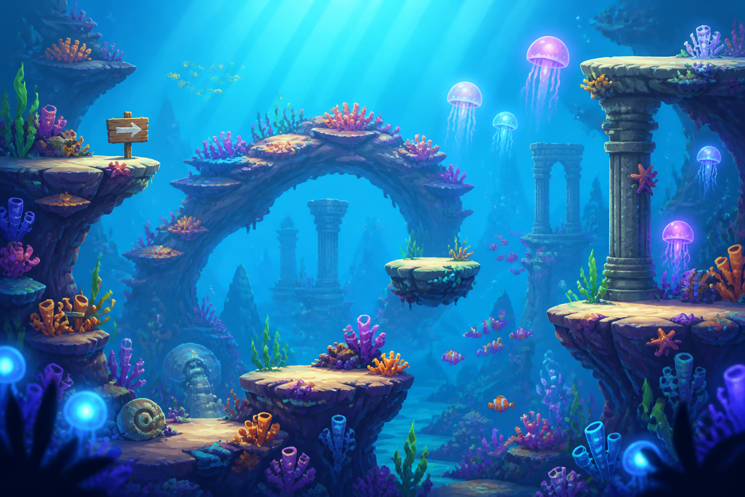 Underwater platformer scene