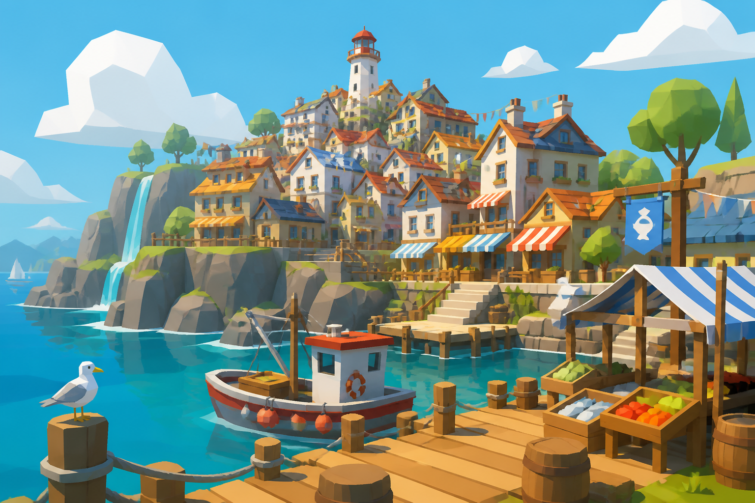 Stylized harbor town