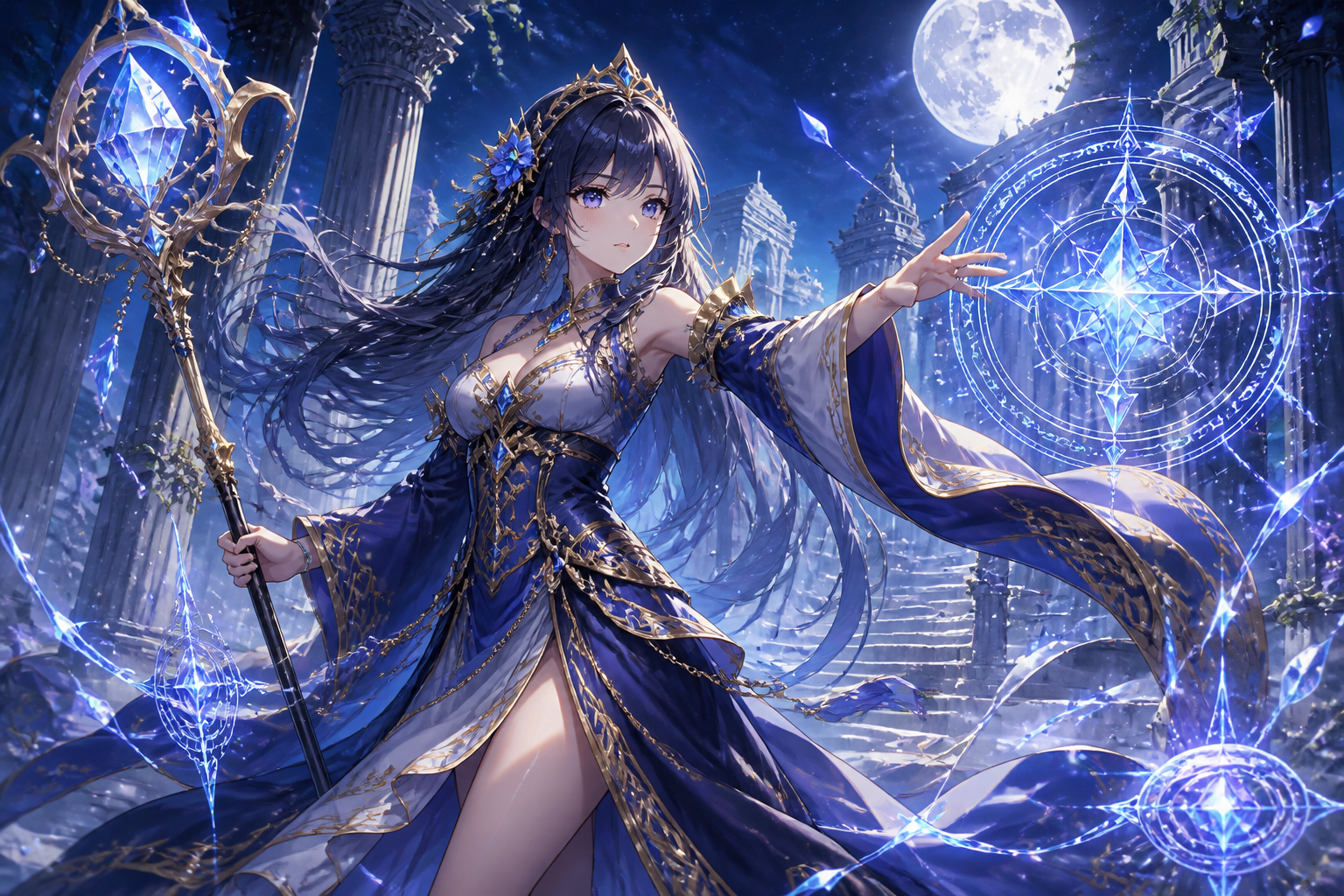 Moonlit mage in ruins
