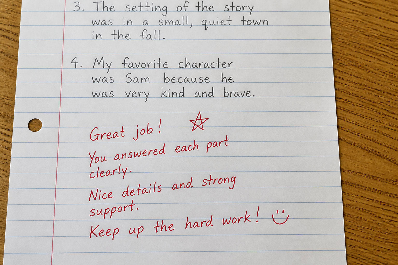 Teacher feedback in red pen