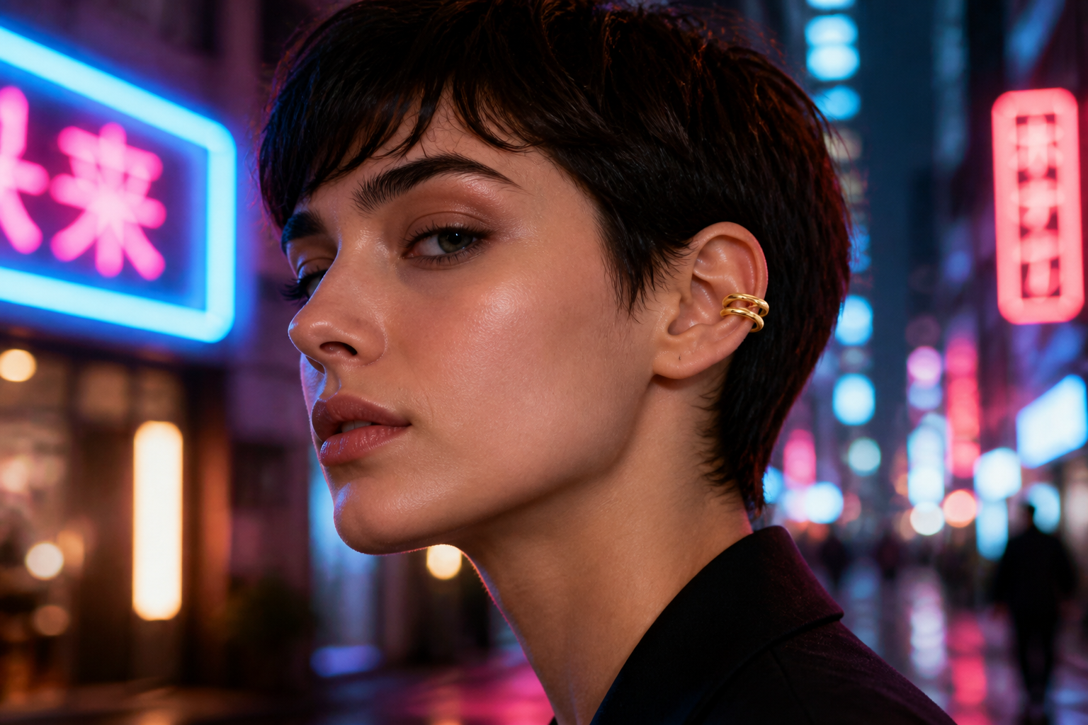 Ear cuff in neon street look (after)