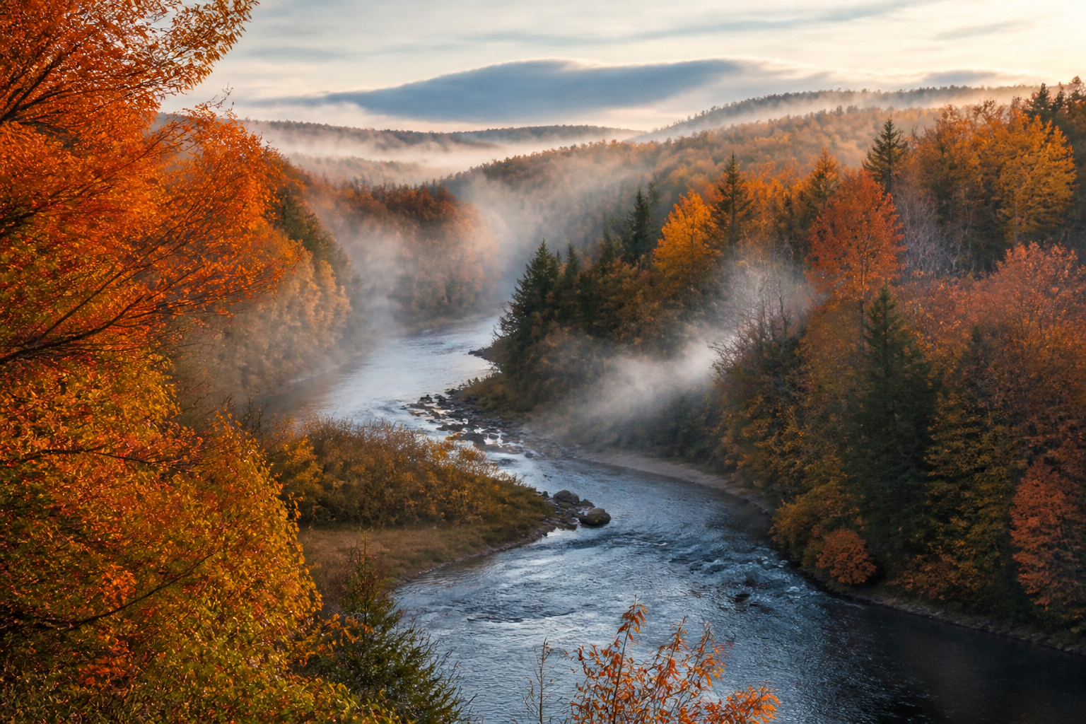 Autumn river through the forest