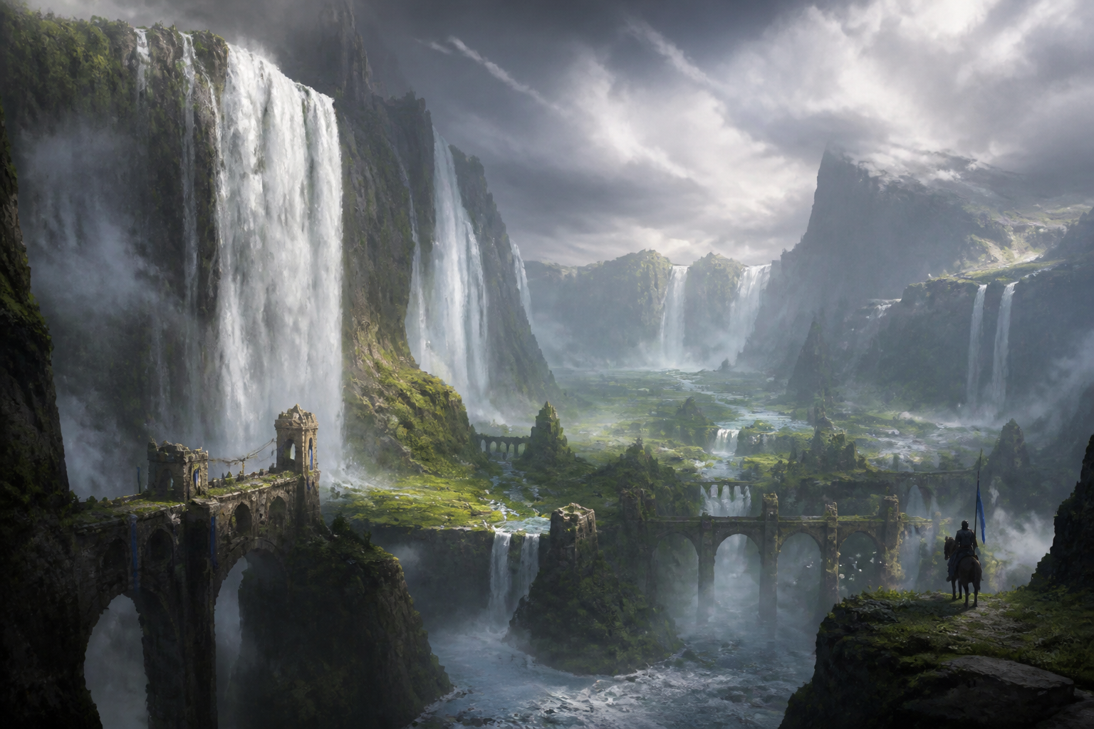 Fantasy valley with waterfalls