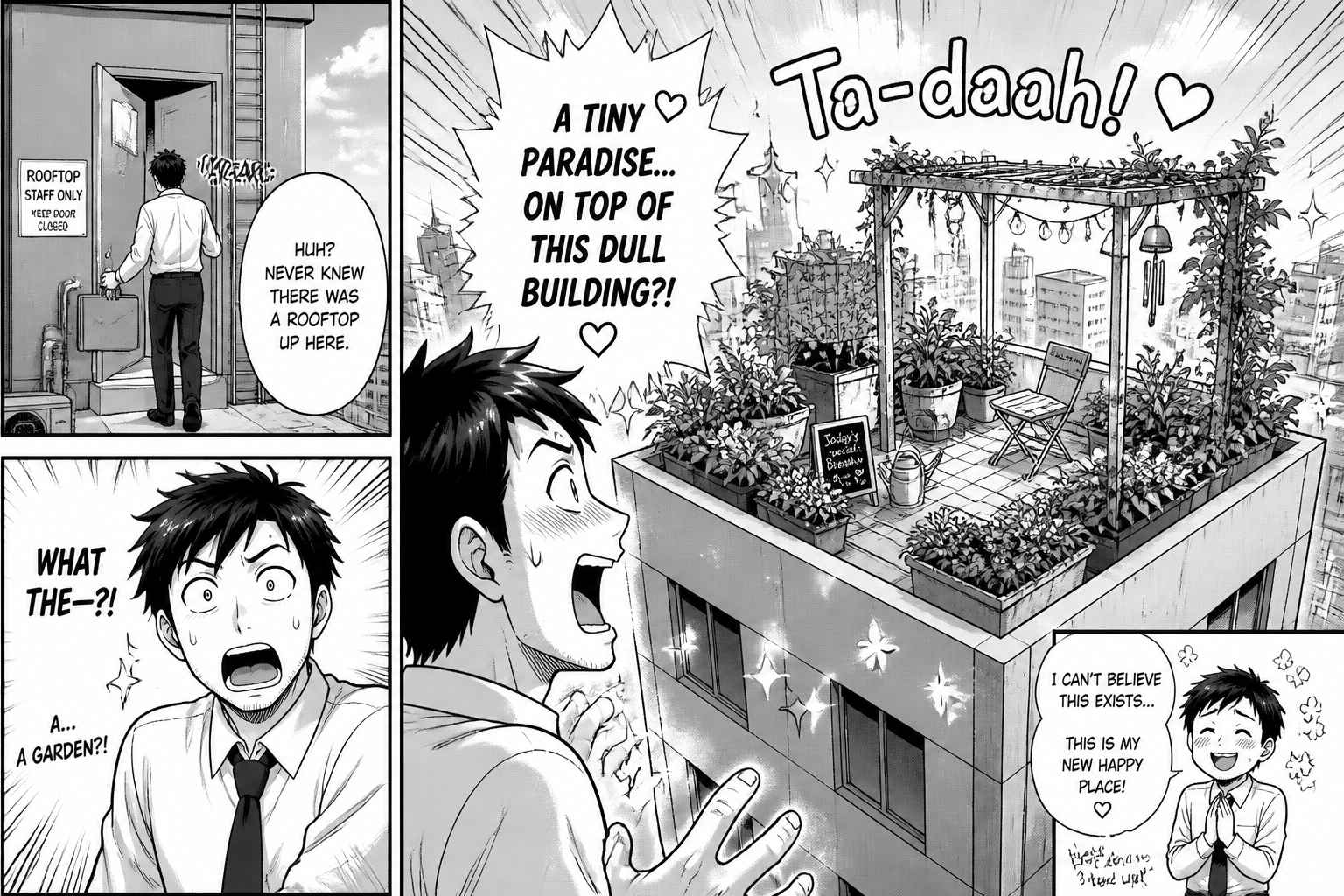 Comedy rooftop garden discovery