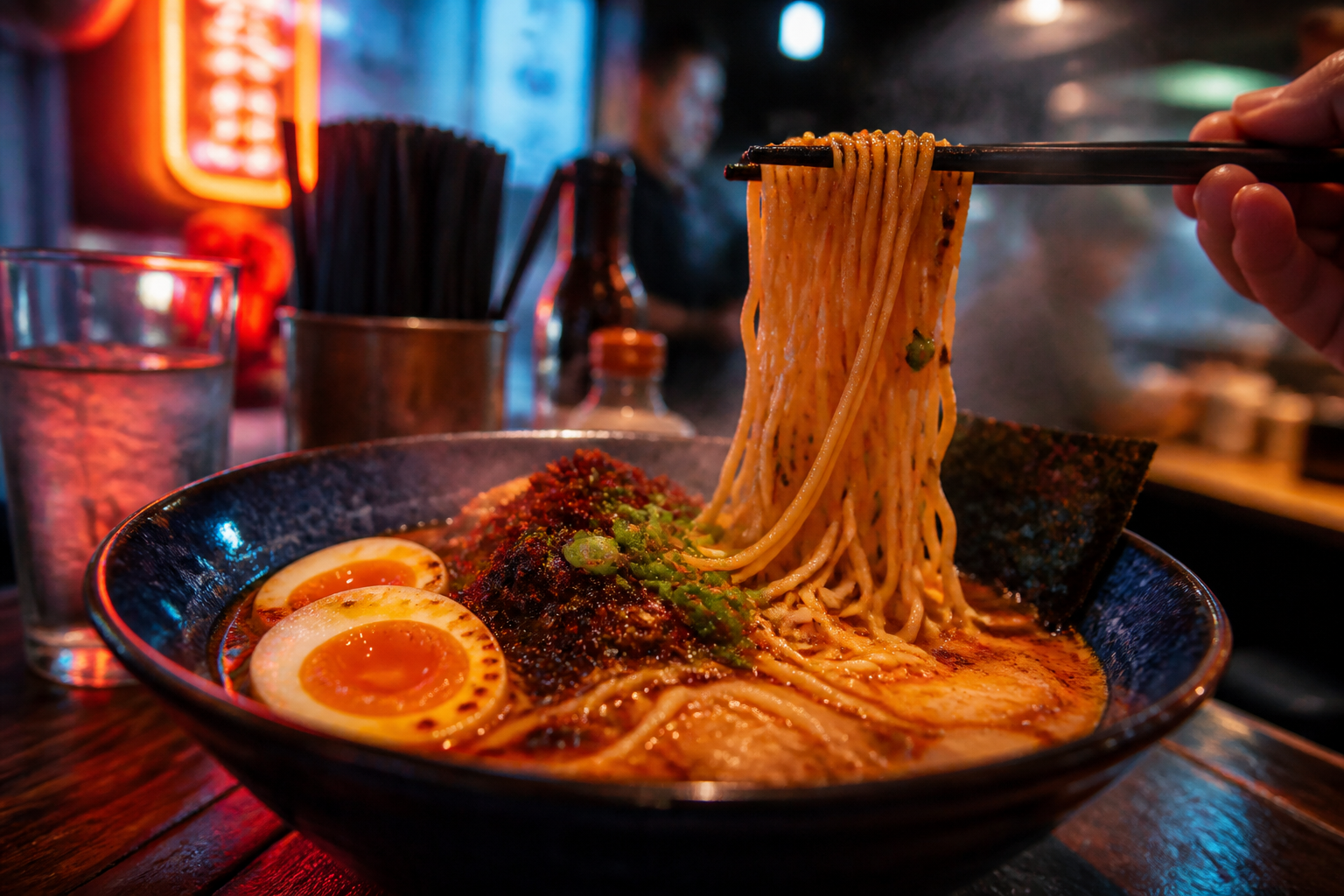 Spicy ramen in neon bar